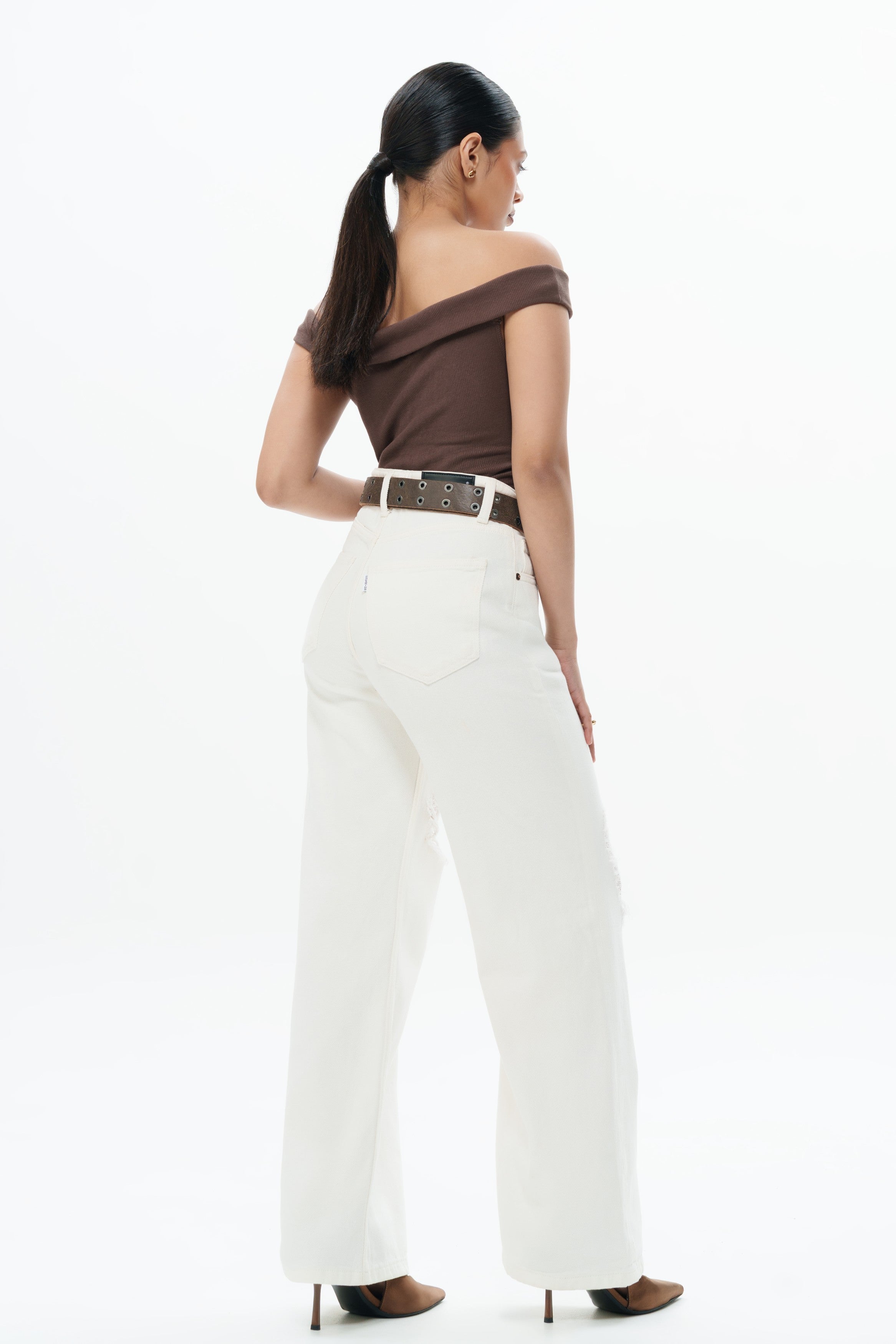 Ivory White Distressed Wide Jeans