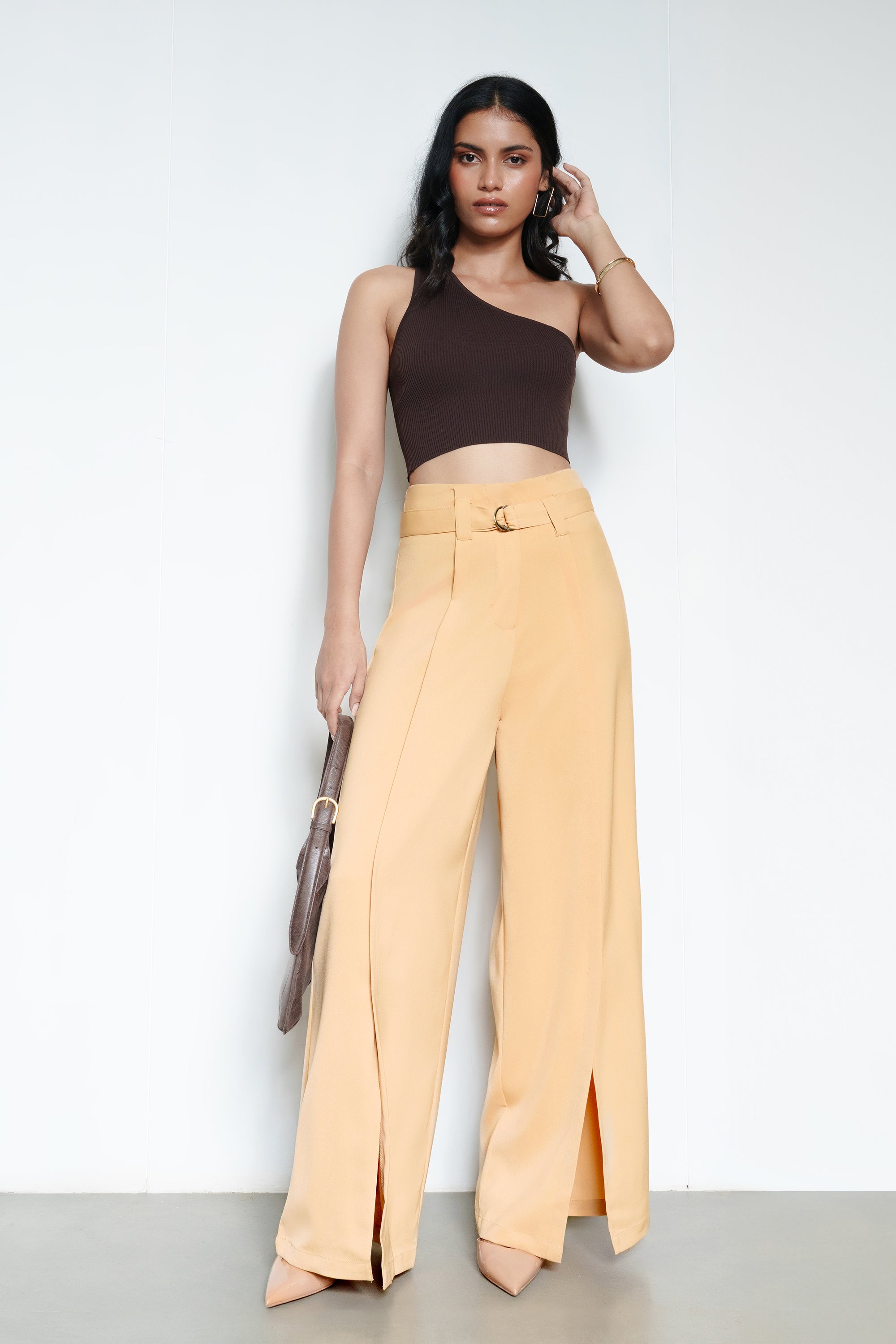 Light Beige Belted Women's Flared Korean Pants