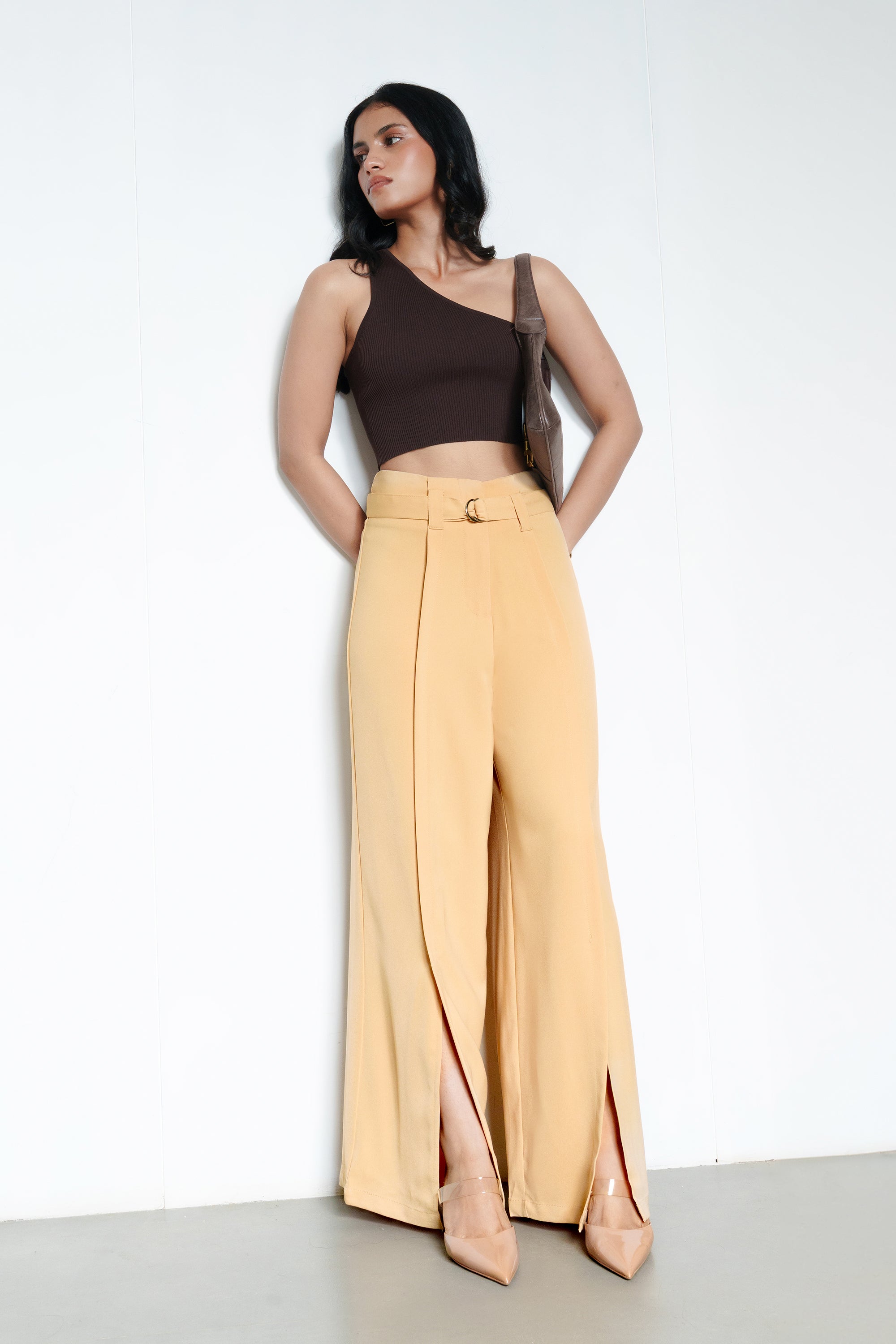 Light Beige Belted Women's Flared Korean Pants
