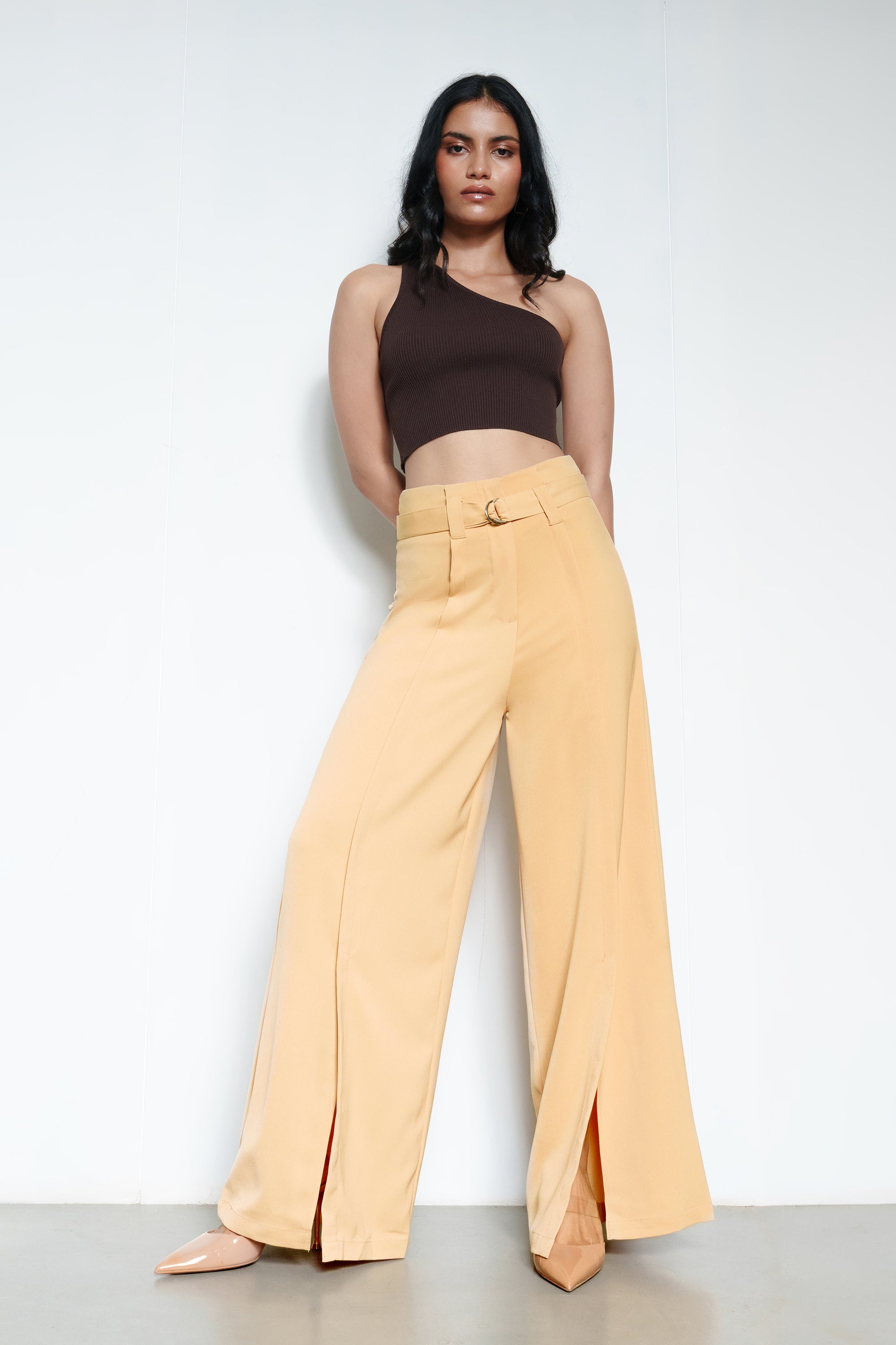 Light Beige Belted Women's Flared Korean Pants
