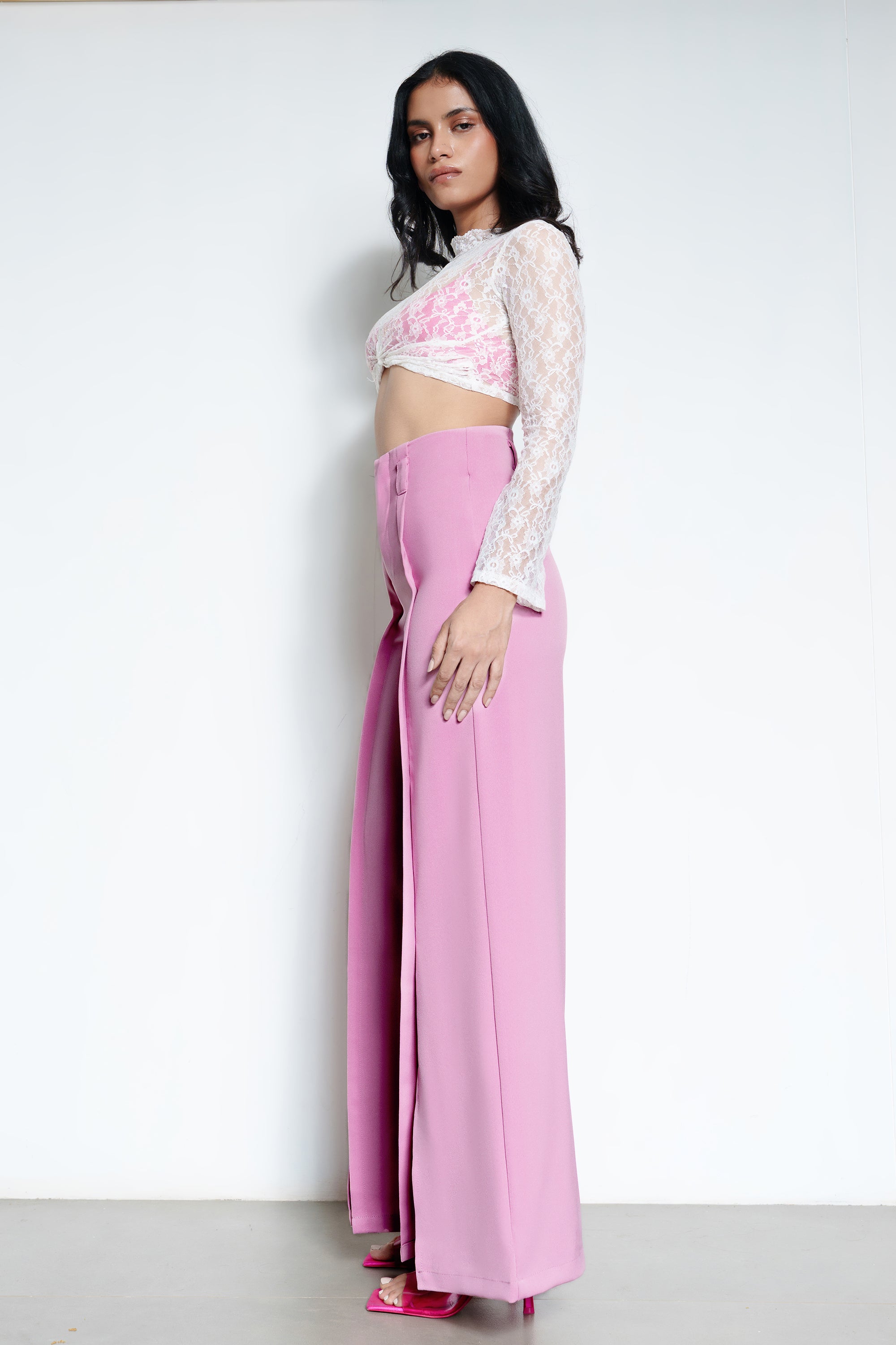 Flora Pink Front Slit Women's Wide Korean Pants