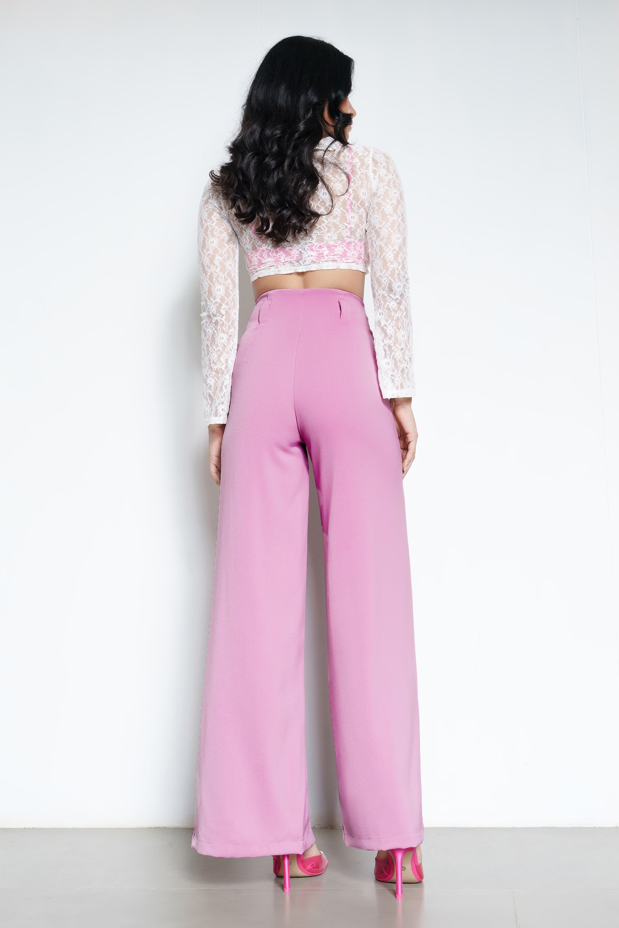 Flora Pink Front Slit Women's Wide Korean Pants