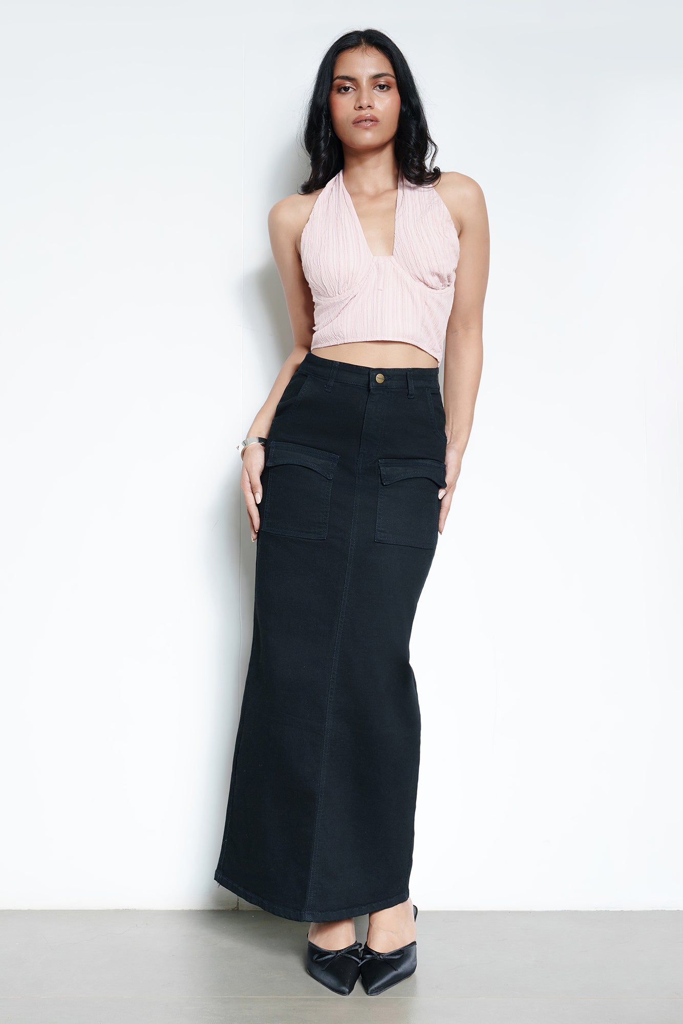【Anyone more】Flak Cargo Black Denim Long Skirt Women's Cargo Denim Skirt for Sale