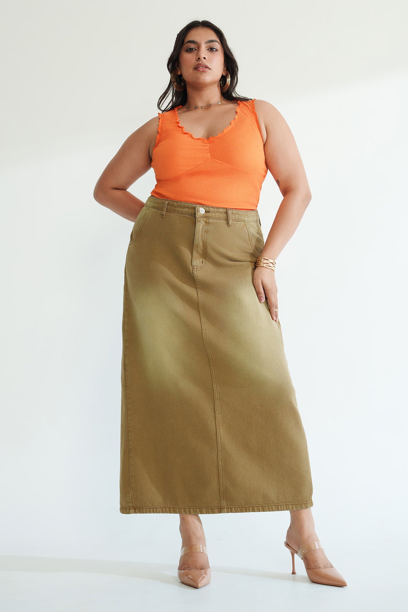 Curve Dark Fawn Long Straight Denim Skirt