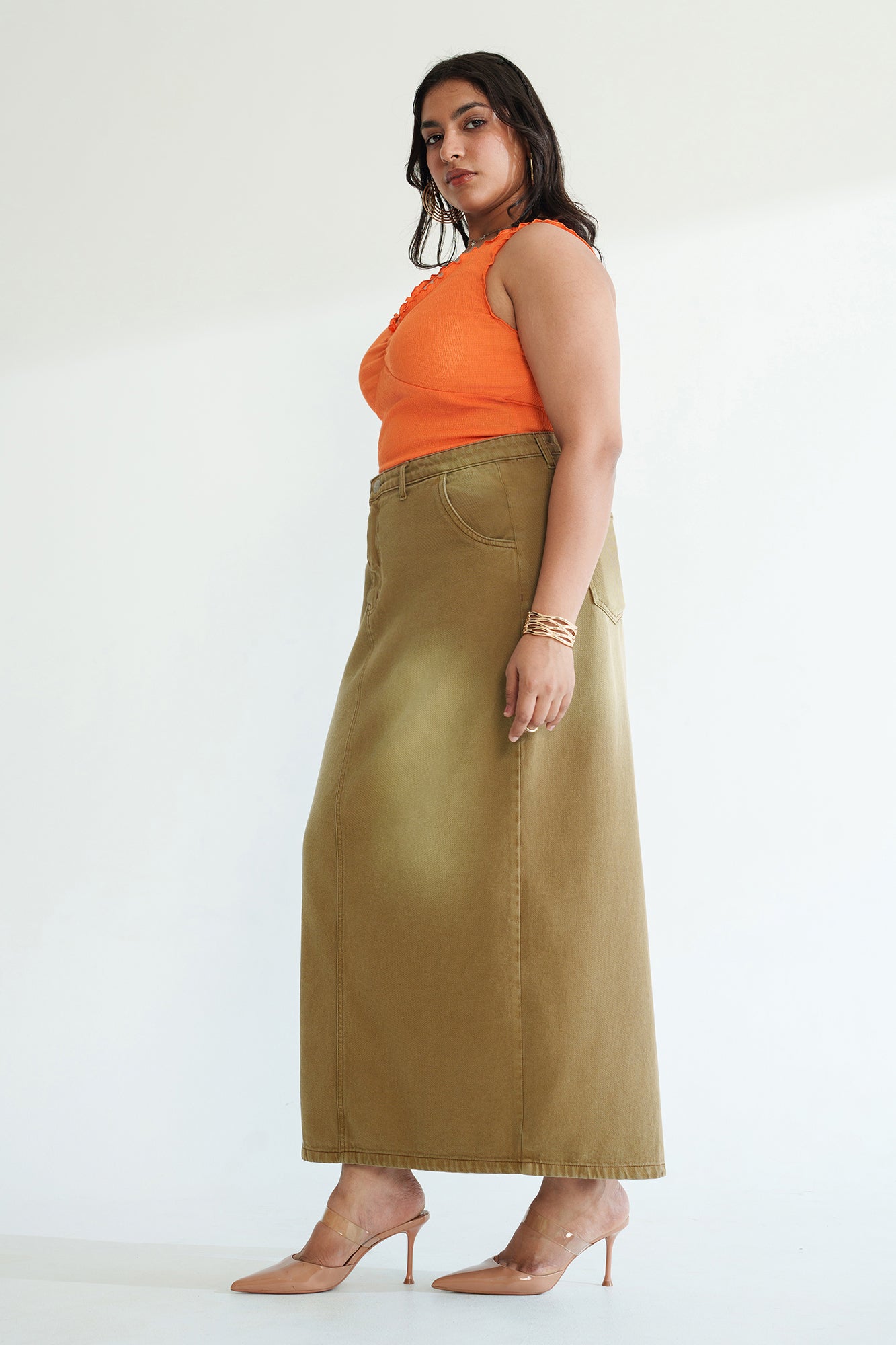 Curve Dark Fawn Long Straight Denim Skirt