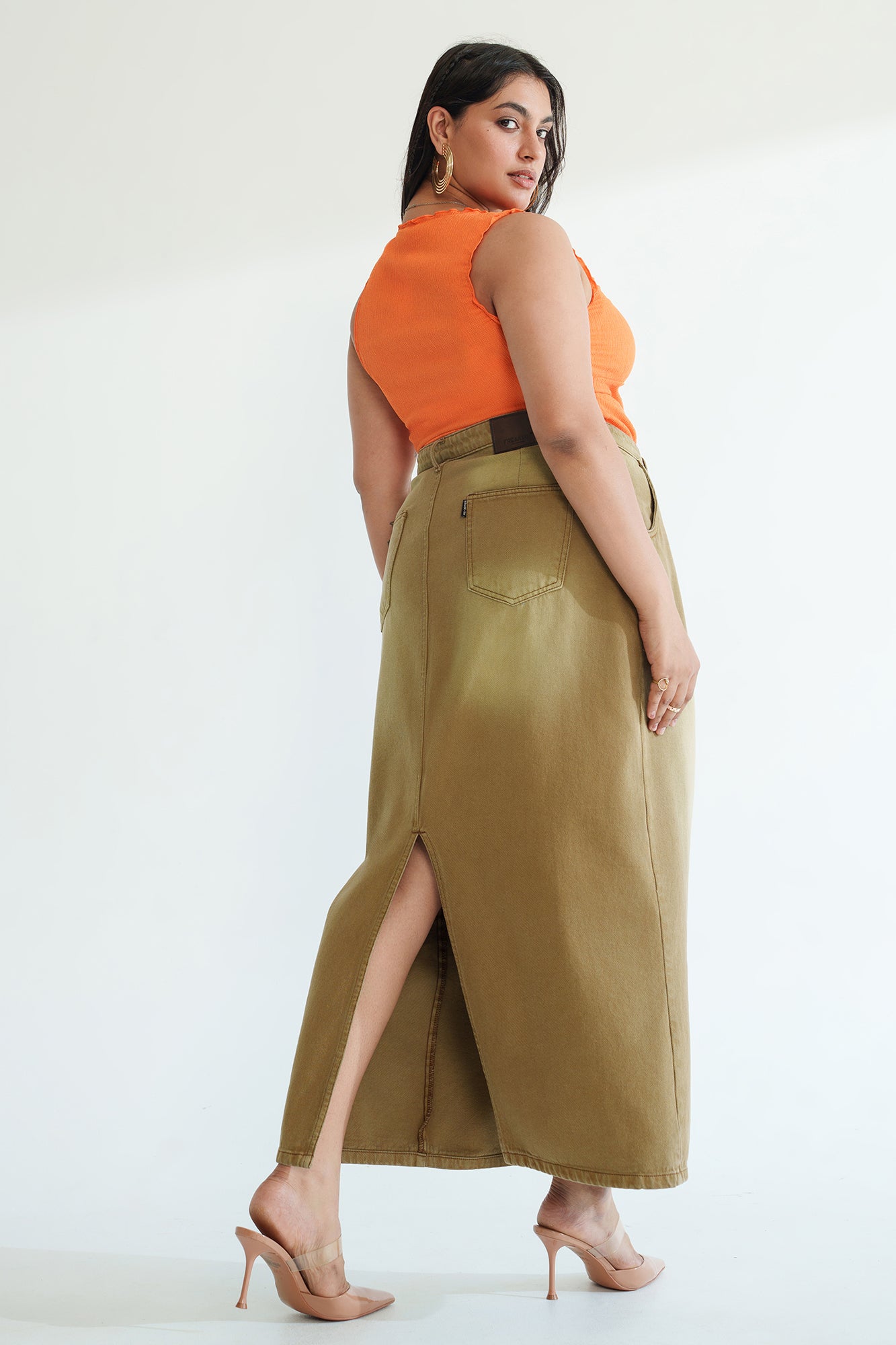 Curve Dark Fawn Long Straight Denim Skirt