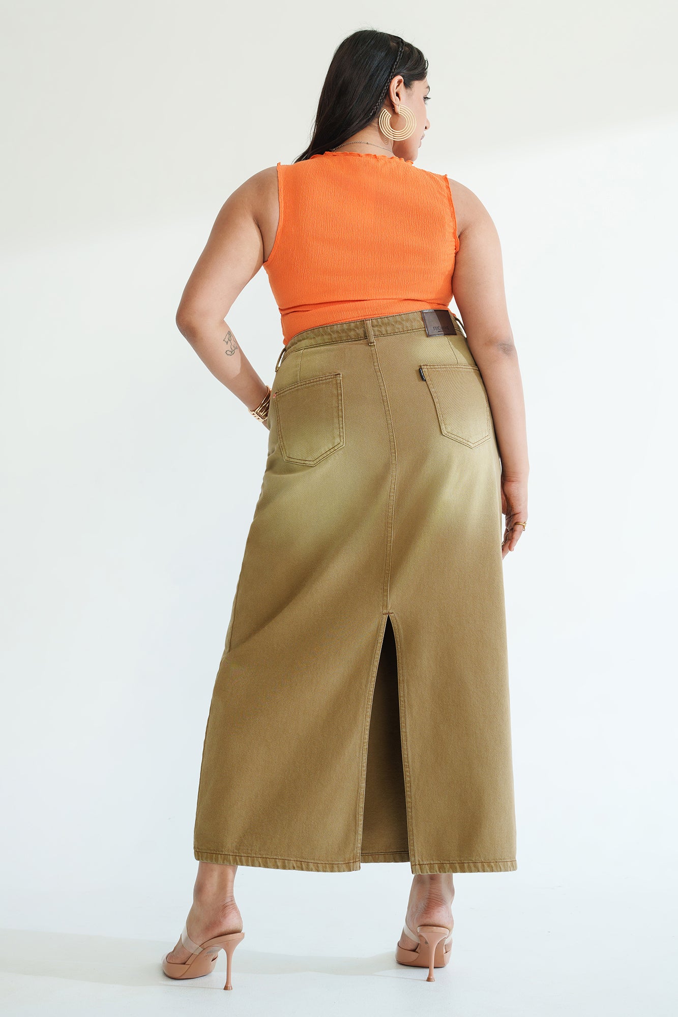 Curve Dark Fawn Long Straight Denim Skirt