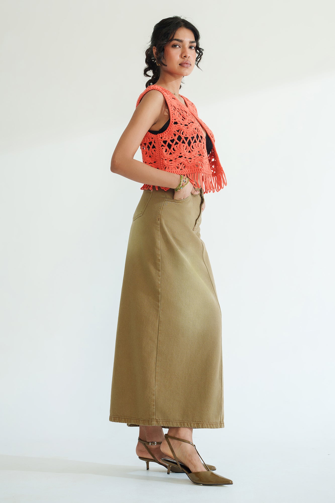 Gold Beige Long Straight Denim Skirt