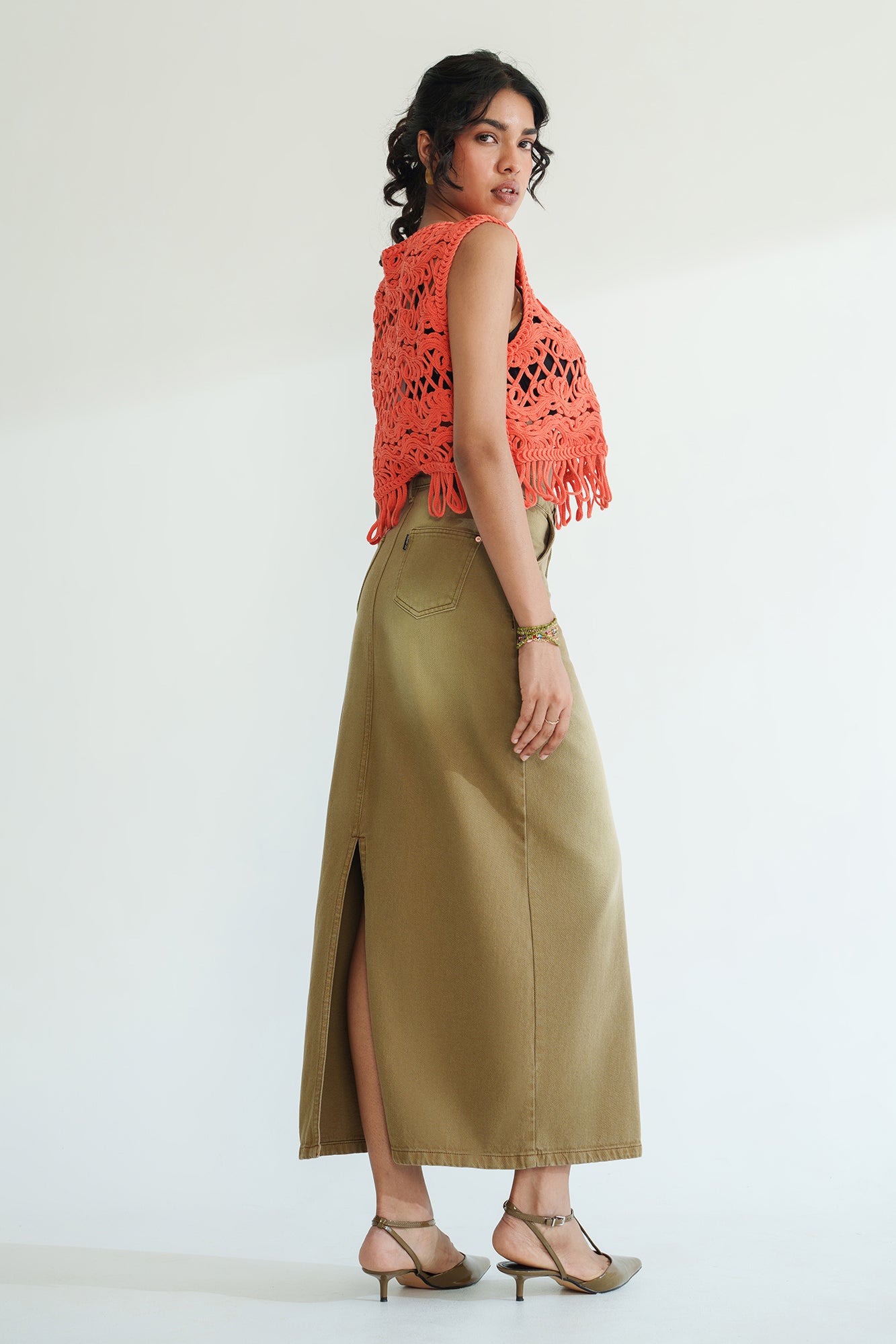 Gold Beige Long Straight Denim Skirt