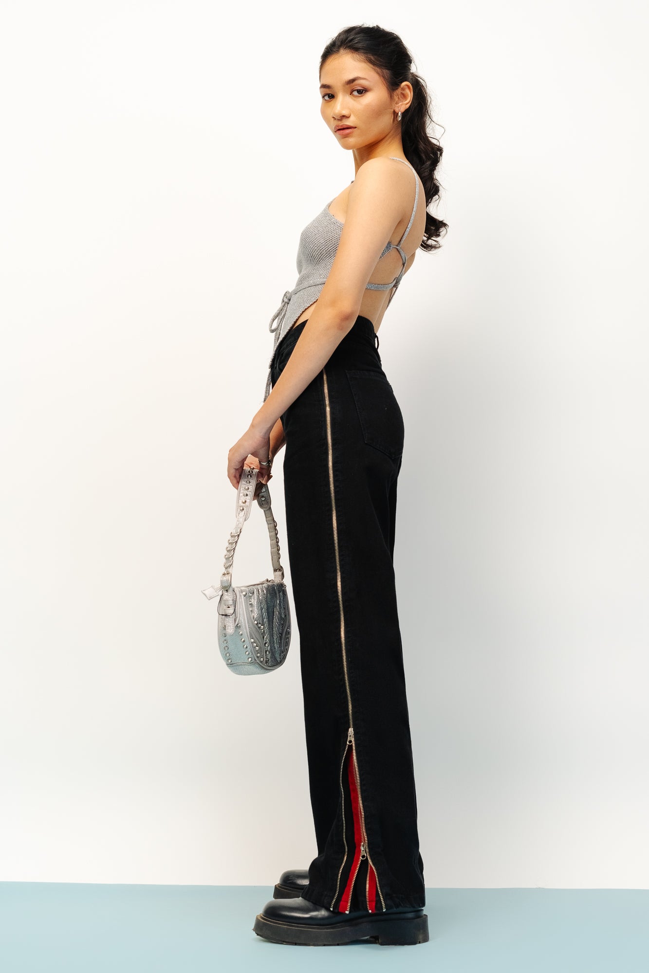 Black Double Zipped Women's Straight Jeans
