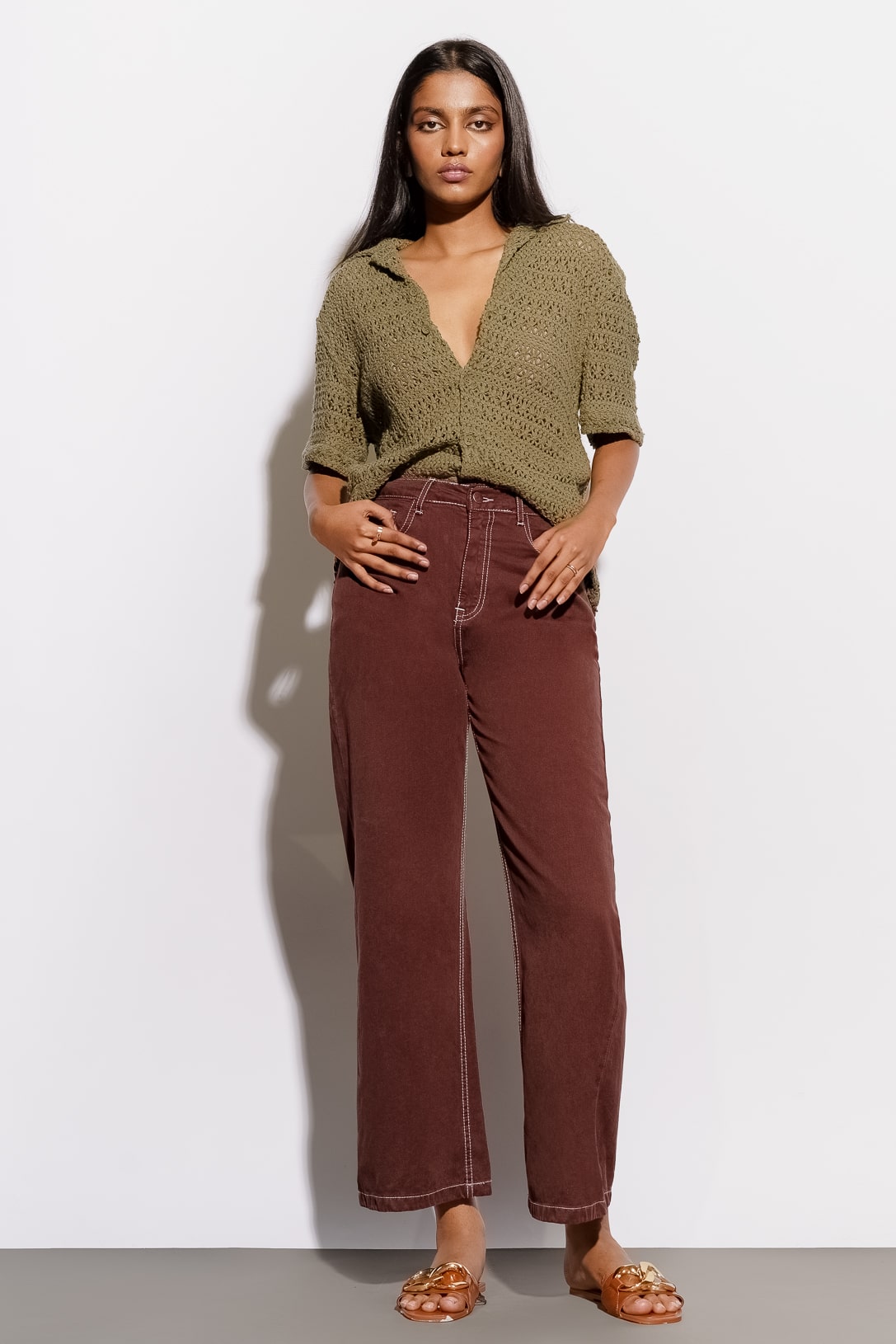 brown wide leg jeans outfit