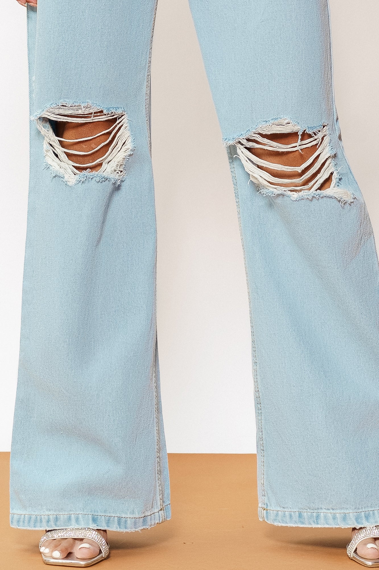 Blue Light Wash Distressed Women's Wide Jeans