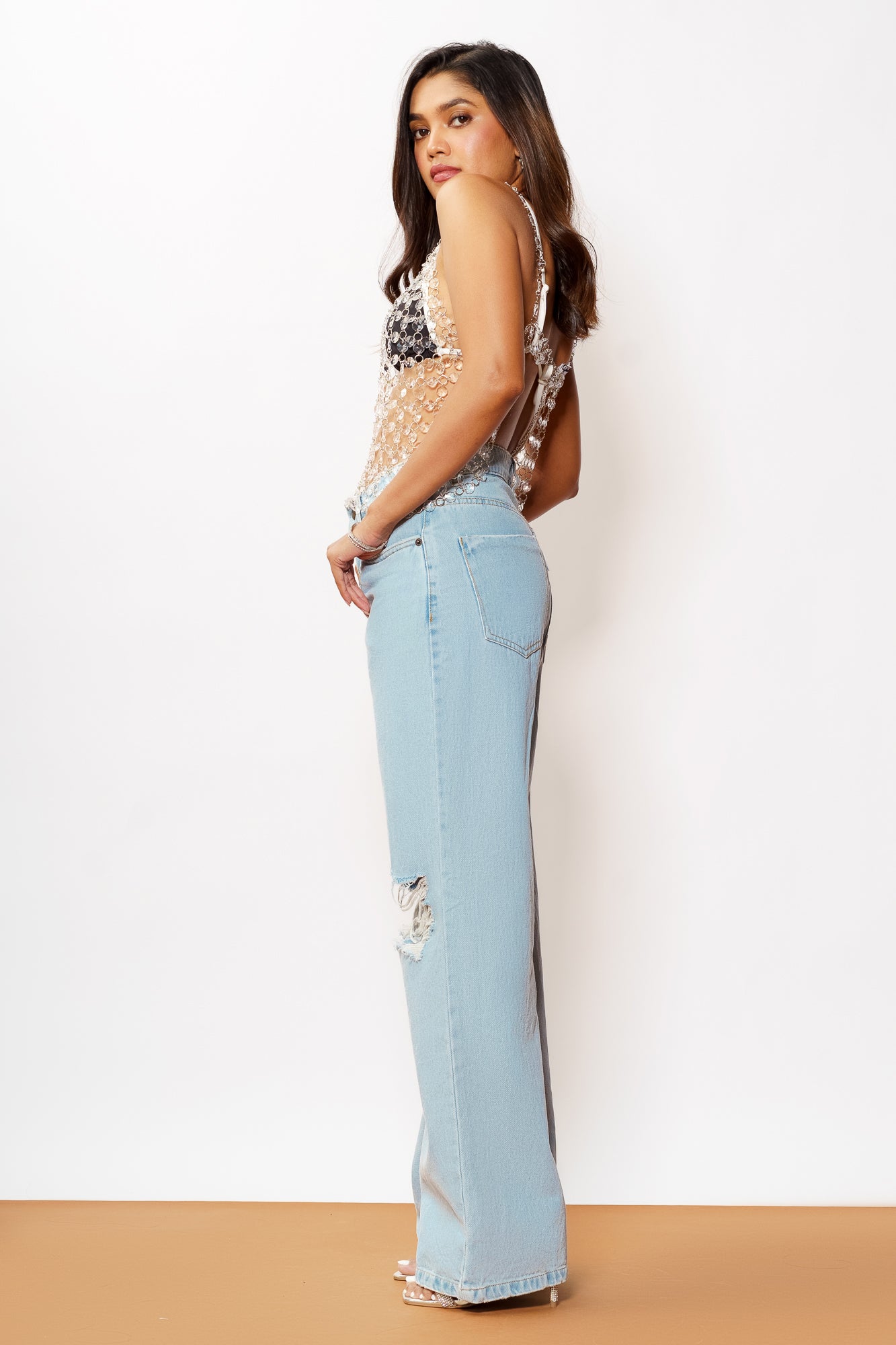 Blue Light Wash Distressed Women's Wide Jeans