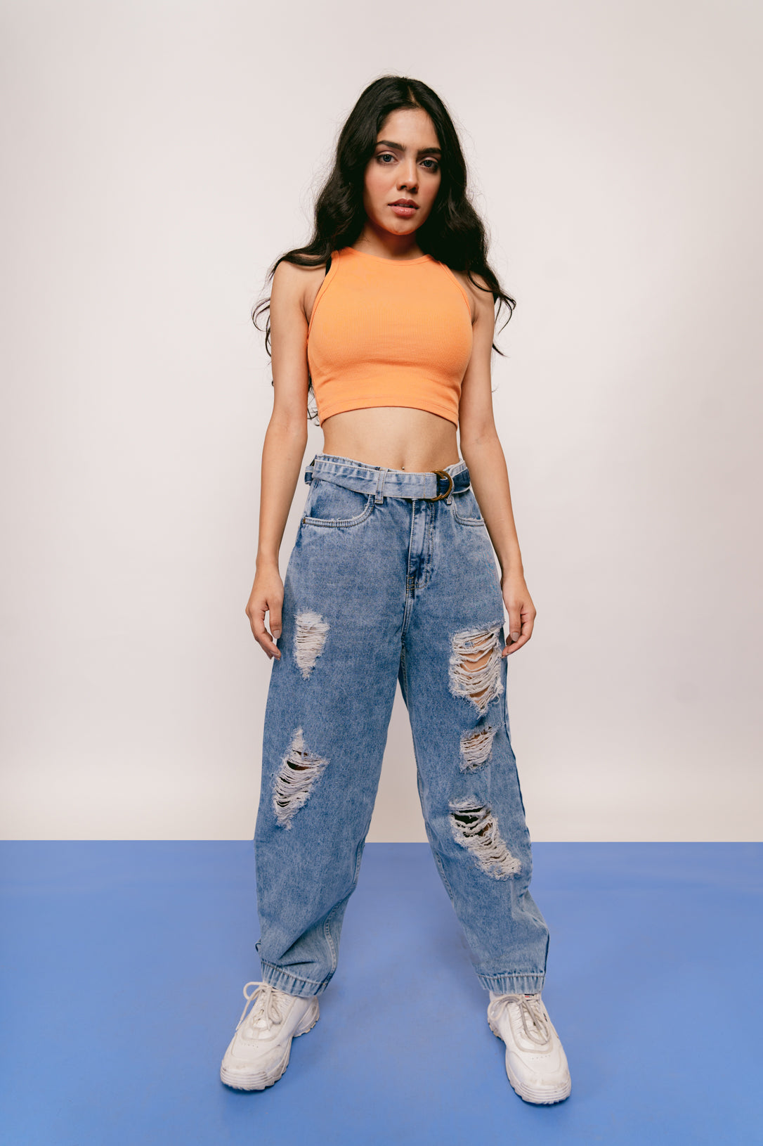 Light Blue Ripped Belted Baggy Jeans