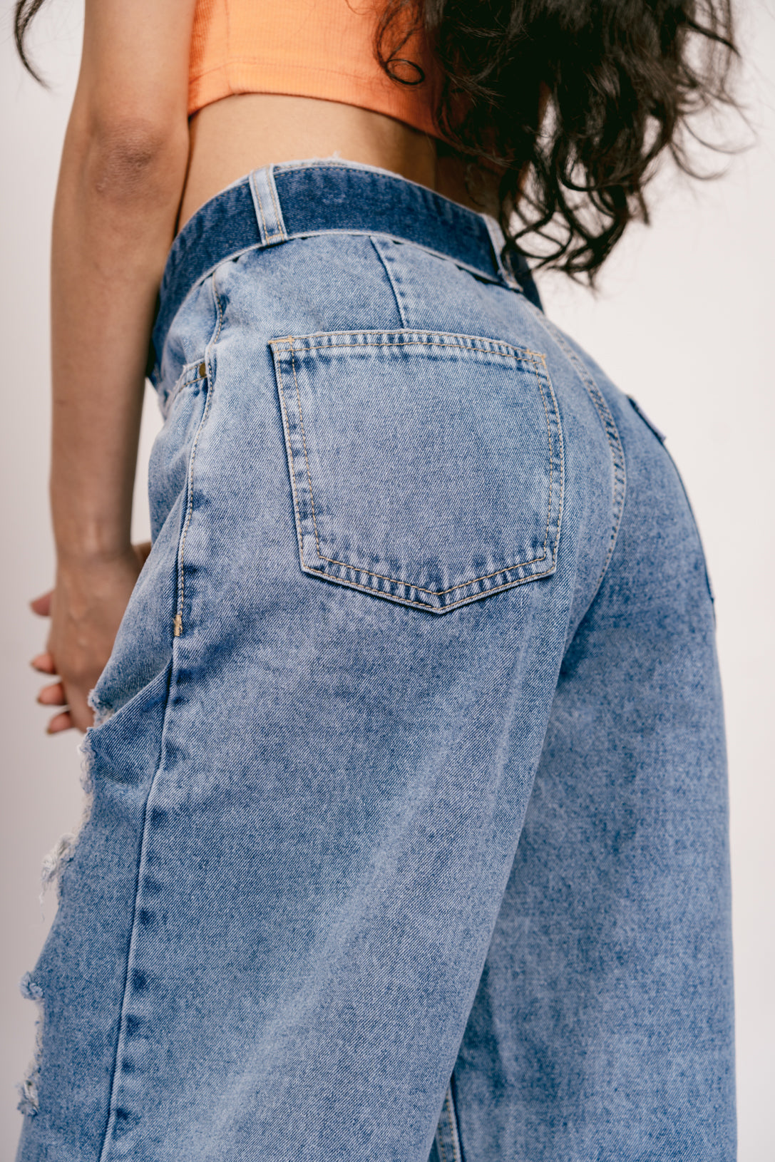Light Blue Ripped Belted Baggy Jeans