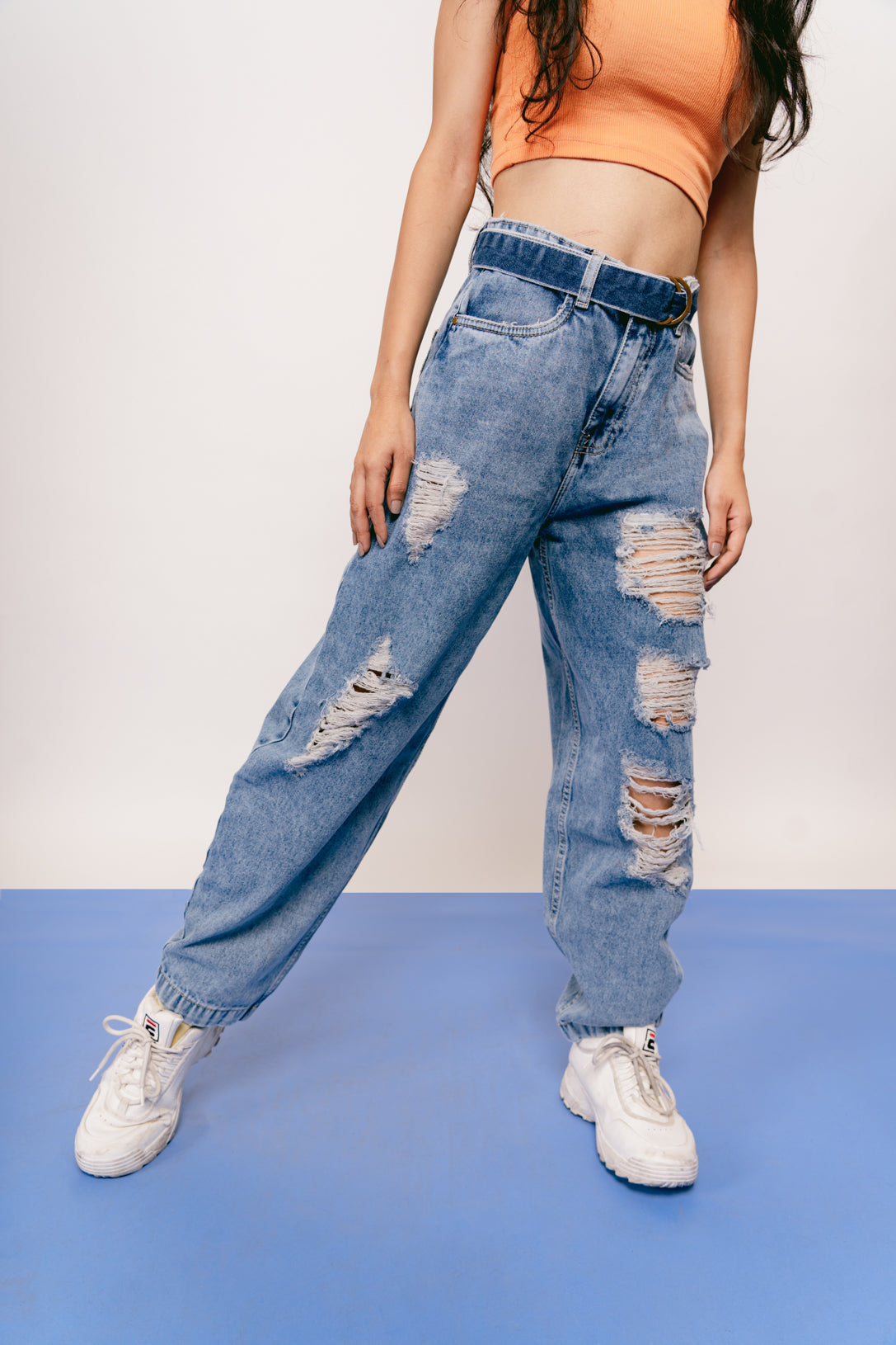 Light Blue Ripped Belted Baggy Jeans