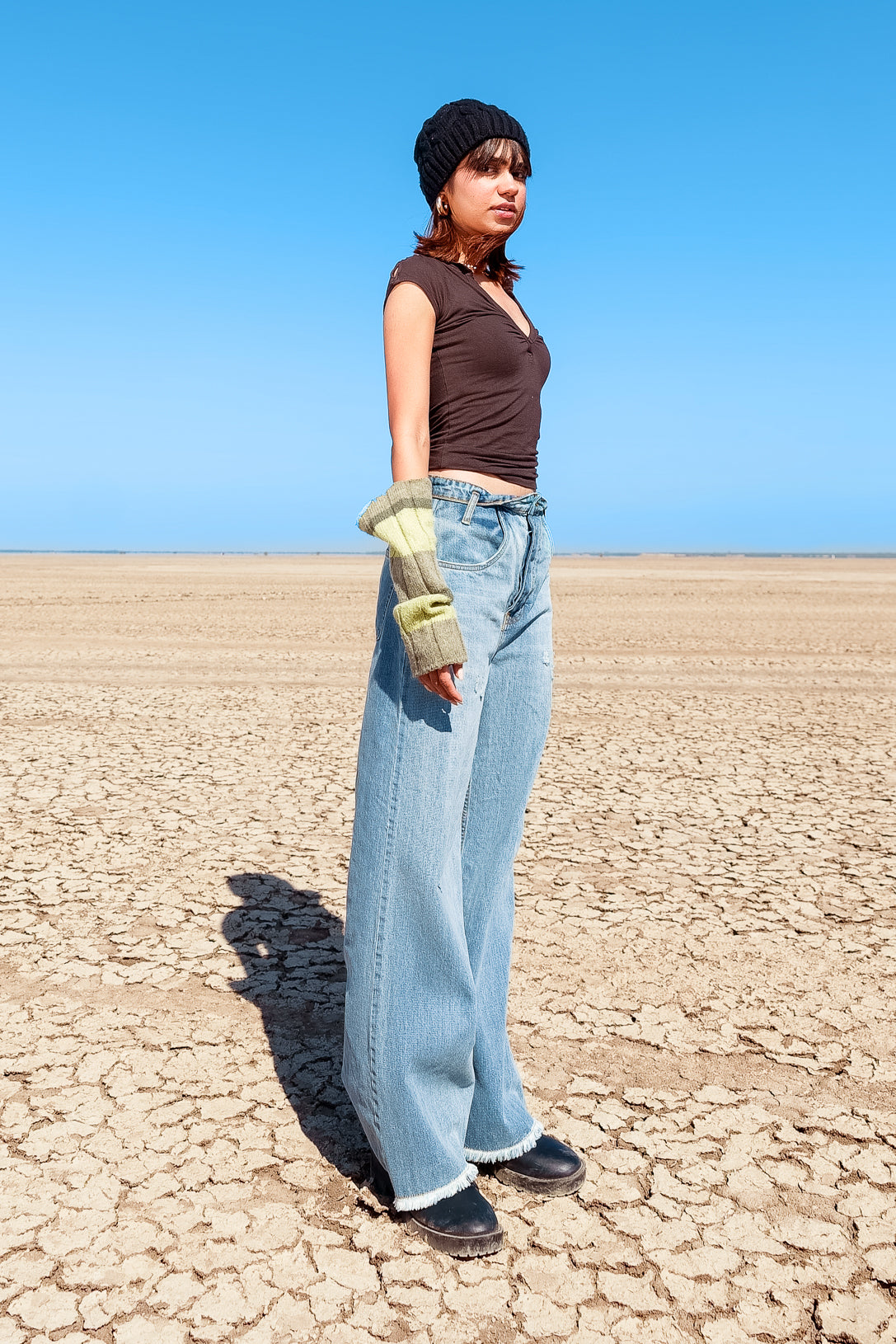 Up-turn waist wide leg jeans