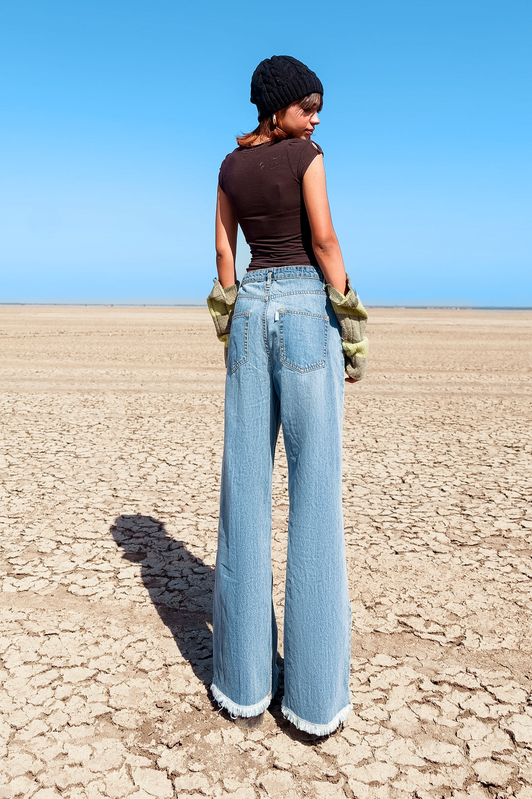 Up-turn waist wide leg jeans