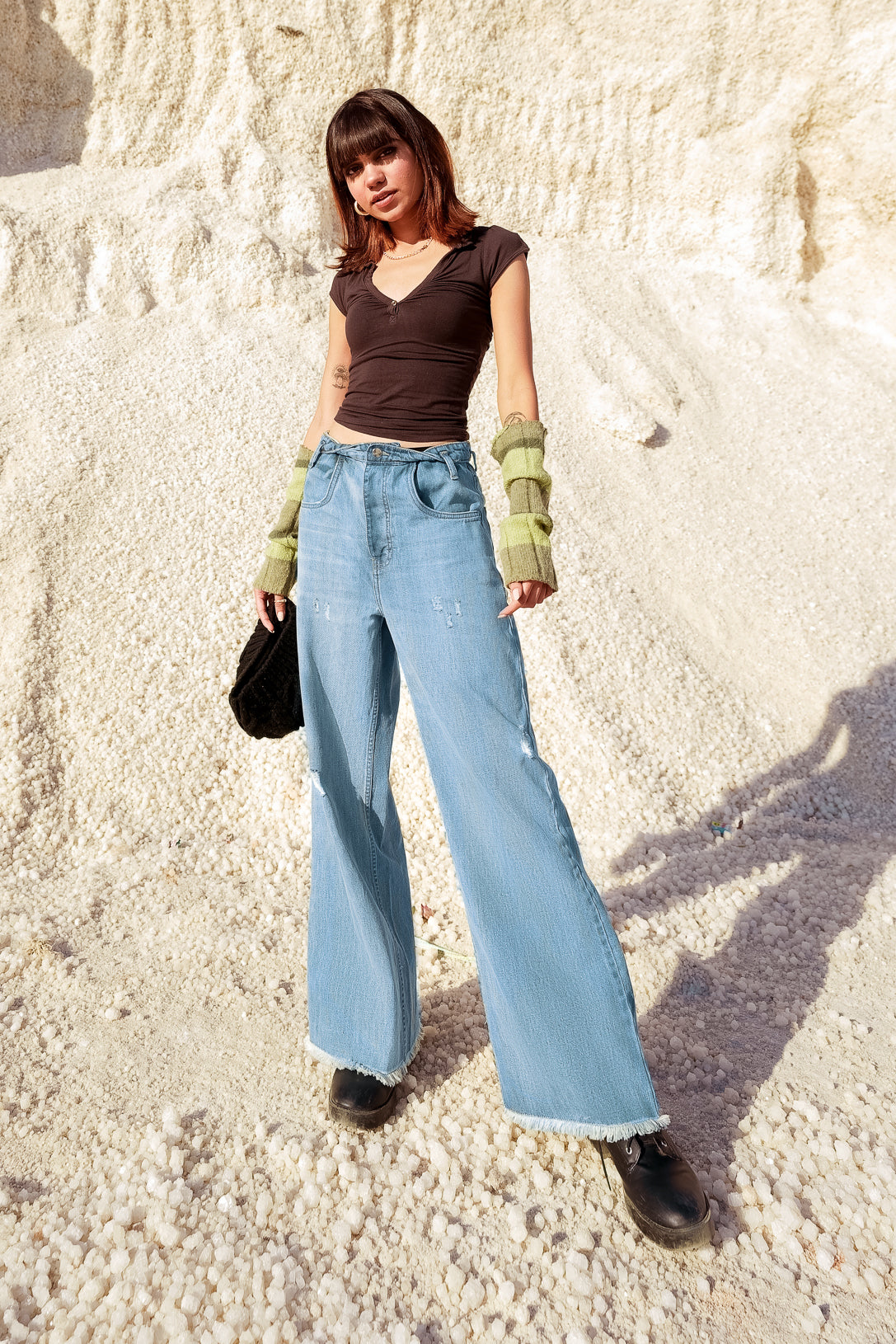 Up-turn waist wide leg jeans