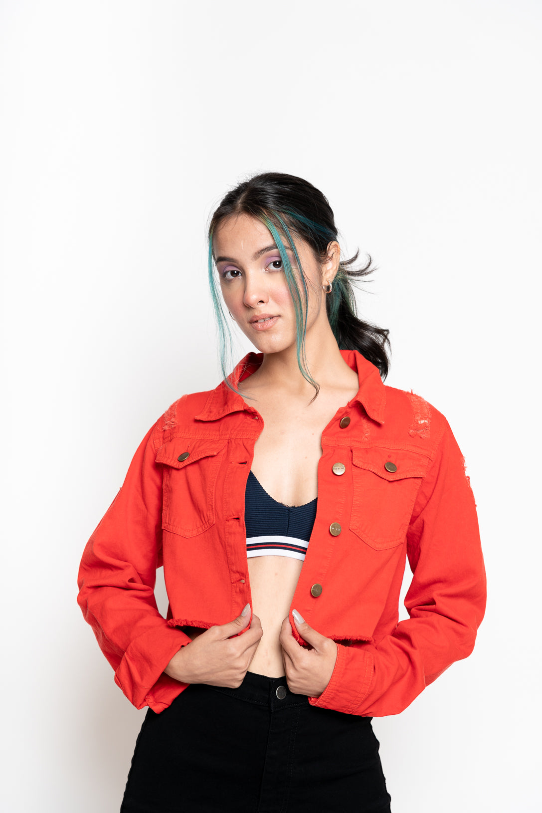 DENIM JACKET IN F_UP RED WITH PATCHES