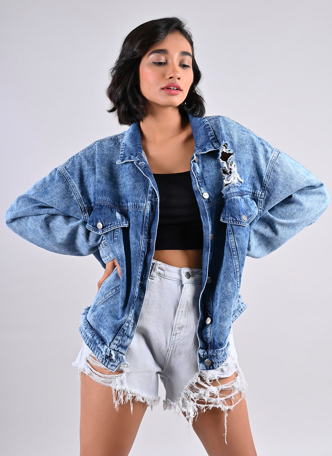 OVERSIZED DISTRESSED DENIM JACKET
