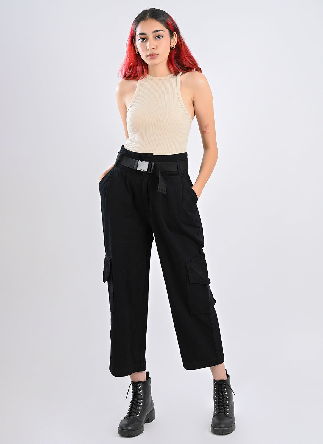 Black pleated cargo pants