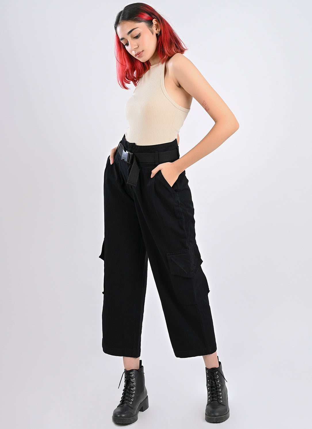 Black pleated cargo pants
