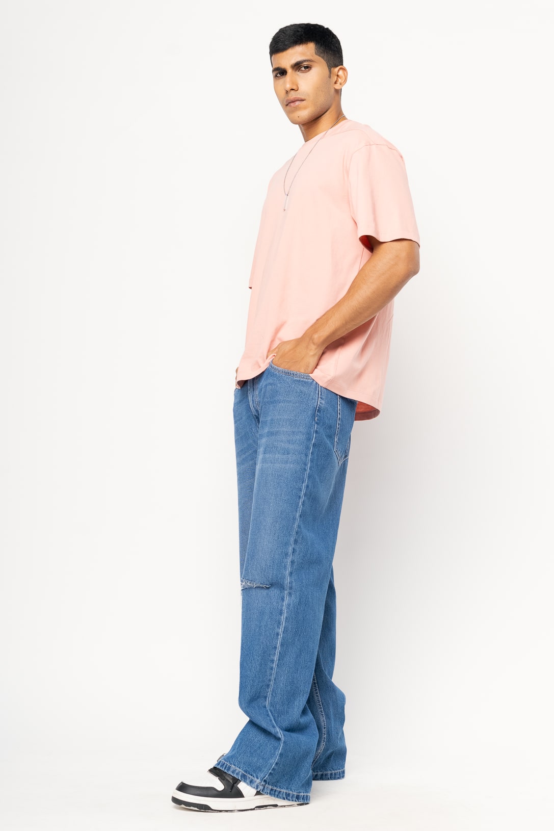 Blue Knee Slit Men's Baggy Straight Jeans