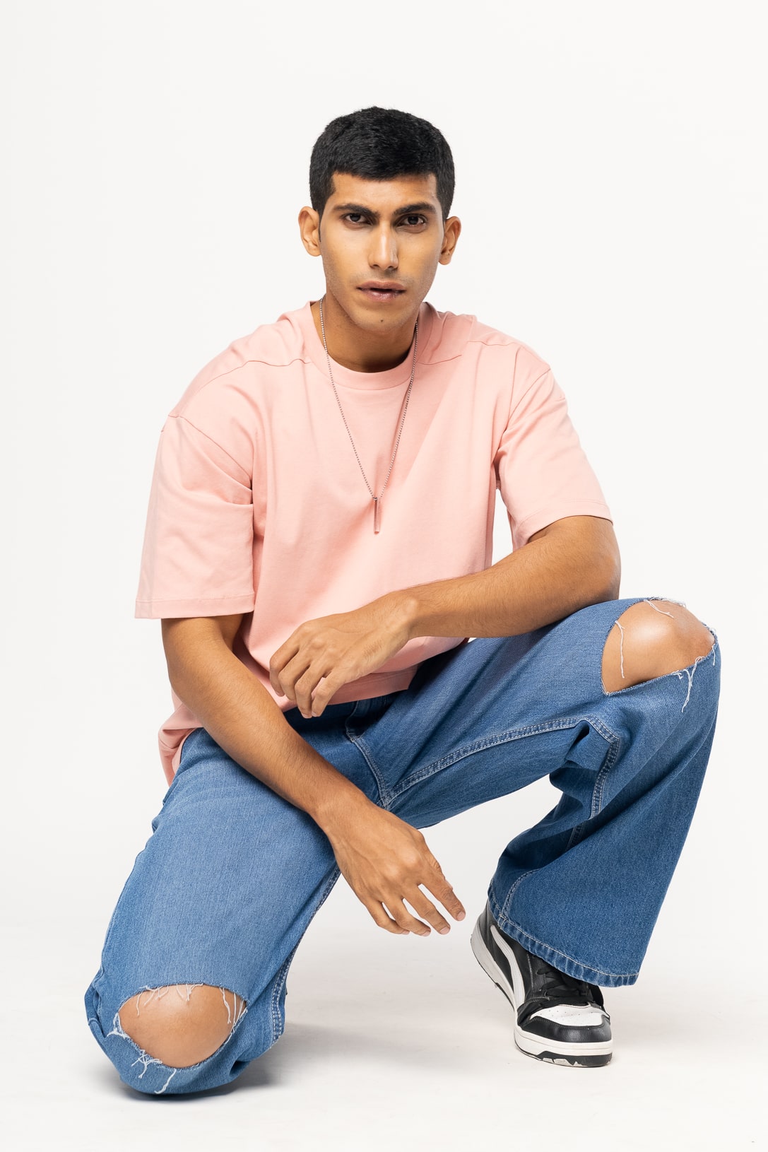 Blue Knee Slit Men's Baggy Straight Jeans