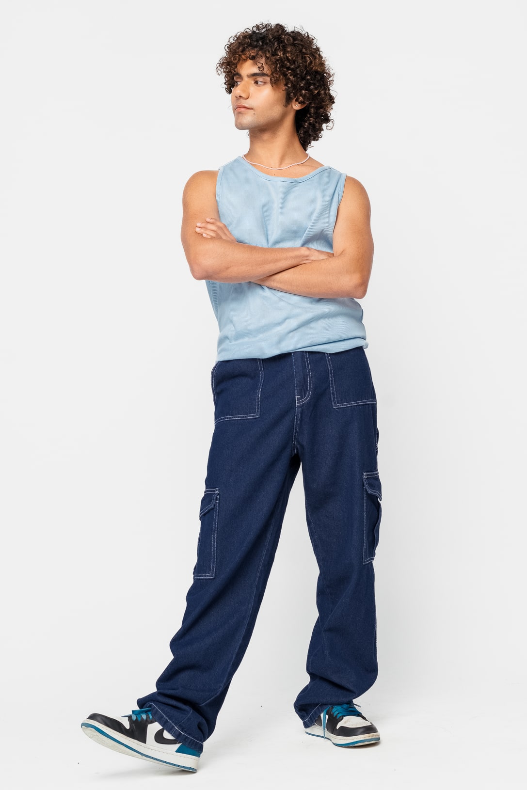 Mid Blue Elasticated Men's Straight Cargo Jeans