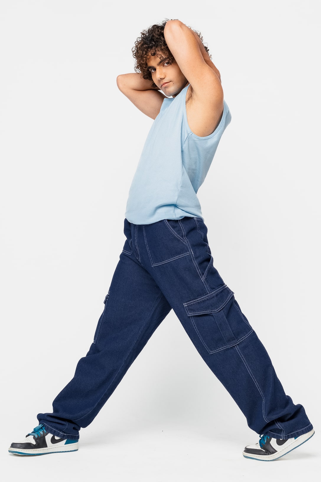 Mid Blue Elasticated Men's Straight Cargo Jeans