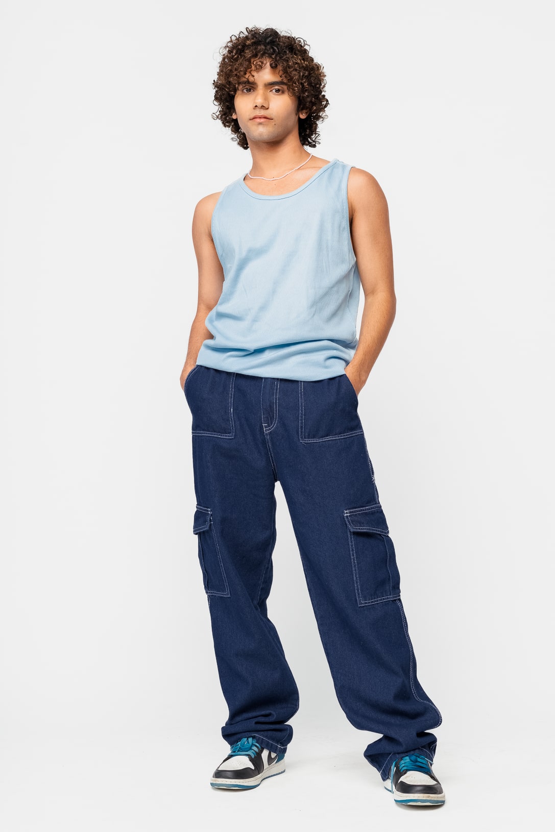 Mid Blue Elasticated Men's Straight Cargo Jeans