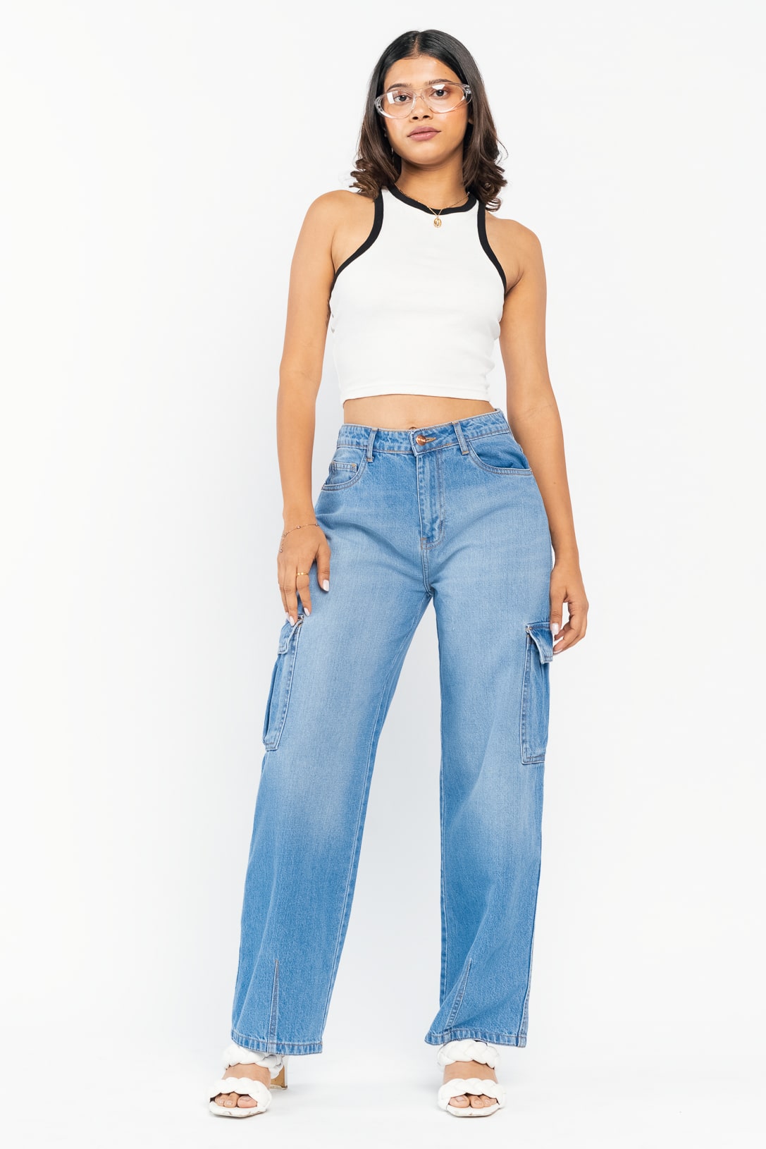 darted blue cargo jeans