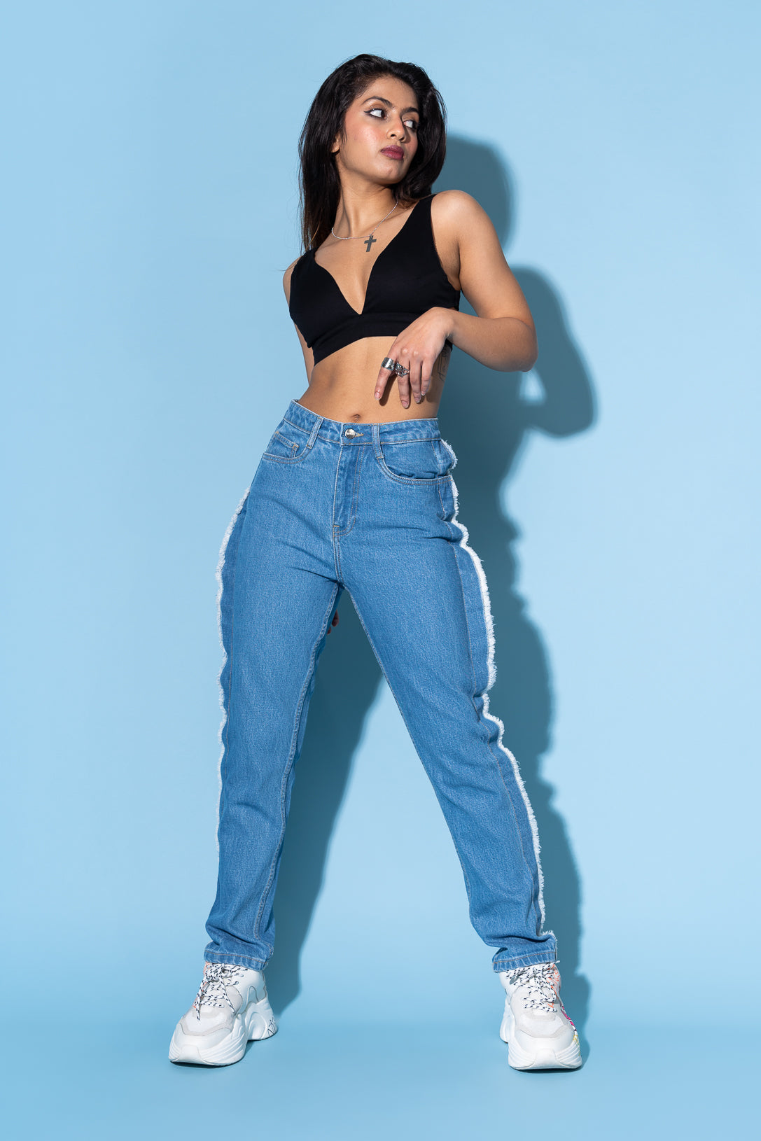 side frayed mom jeans