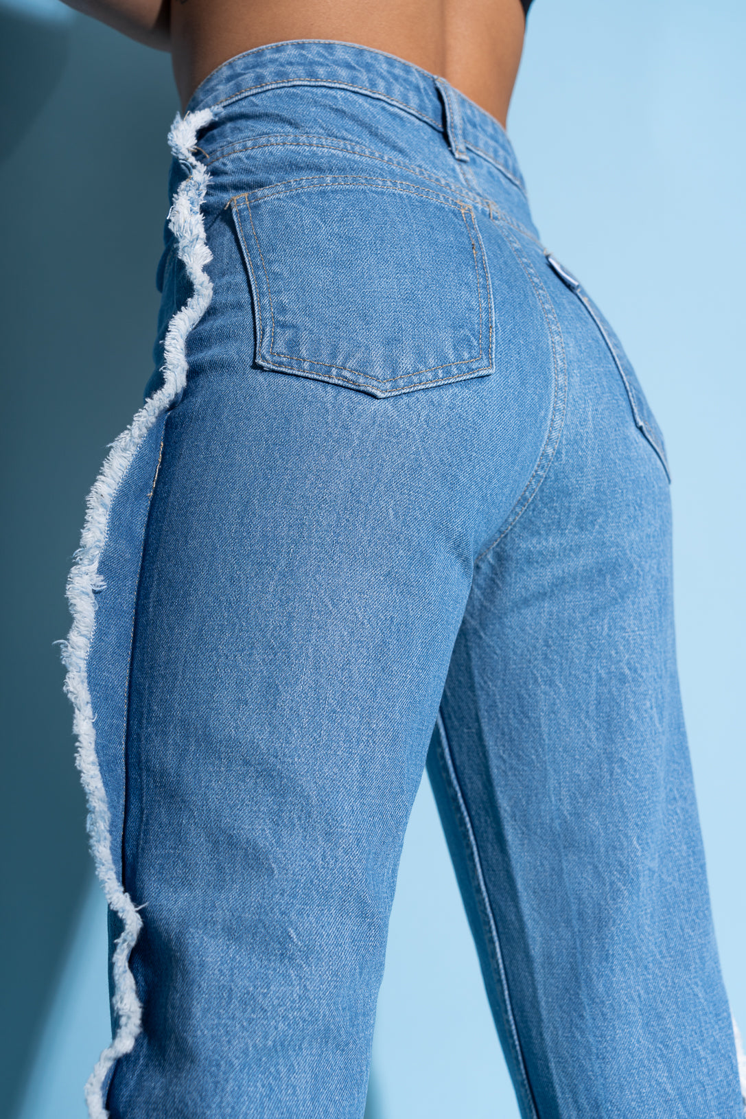 side frayed mom jeans