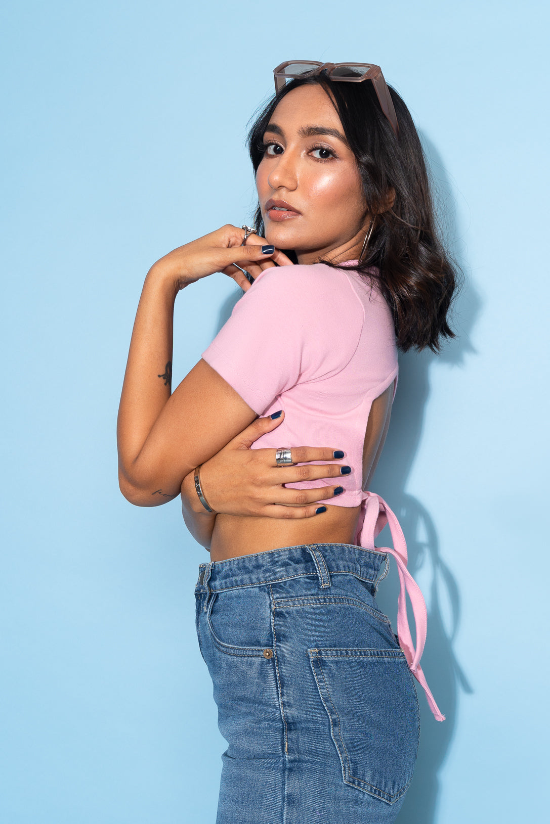 PINK BACK TIE CROP TOP