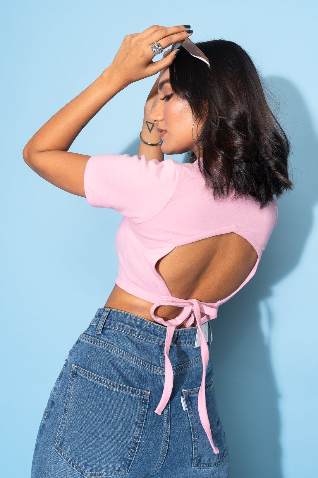 PINK BACK TIE CROP TOP