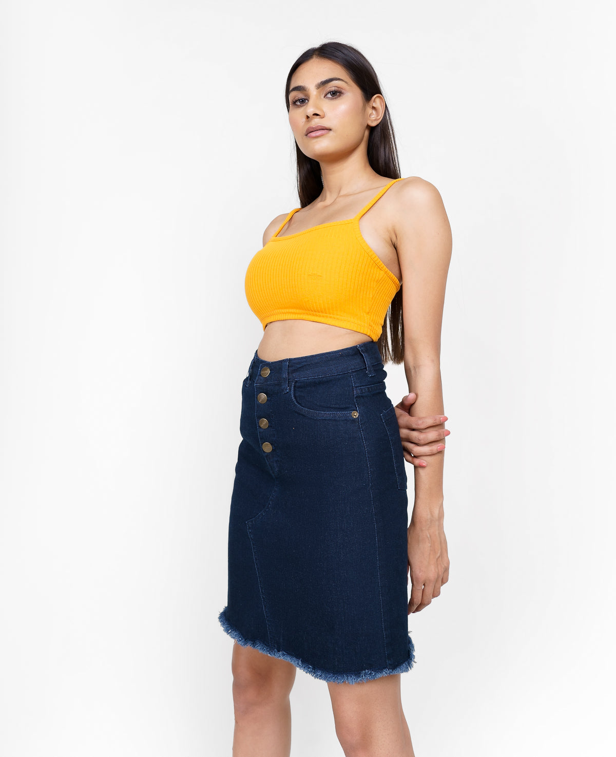 Frayed Denim Straight Skirt