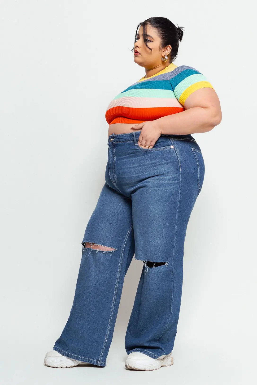 Blue Knee Slit Women's Wide Jeans