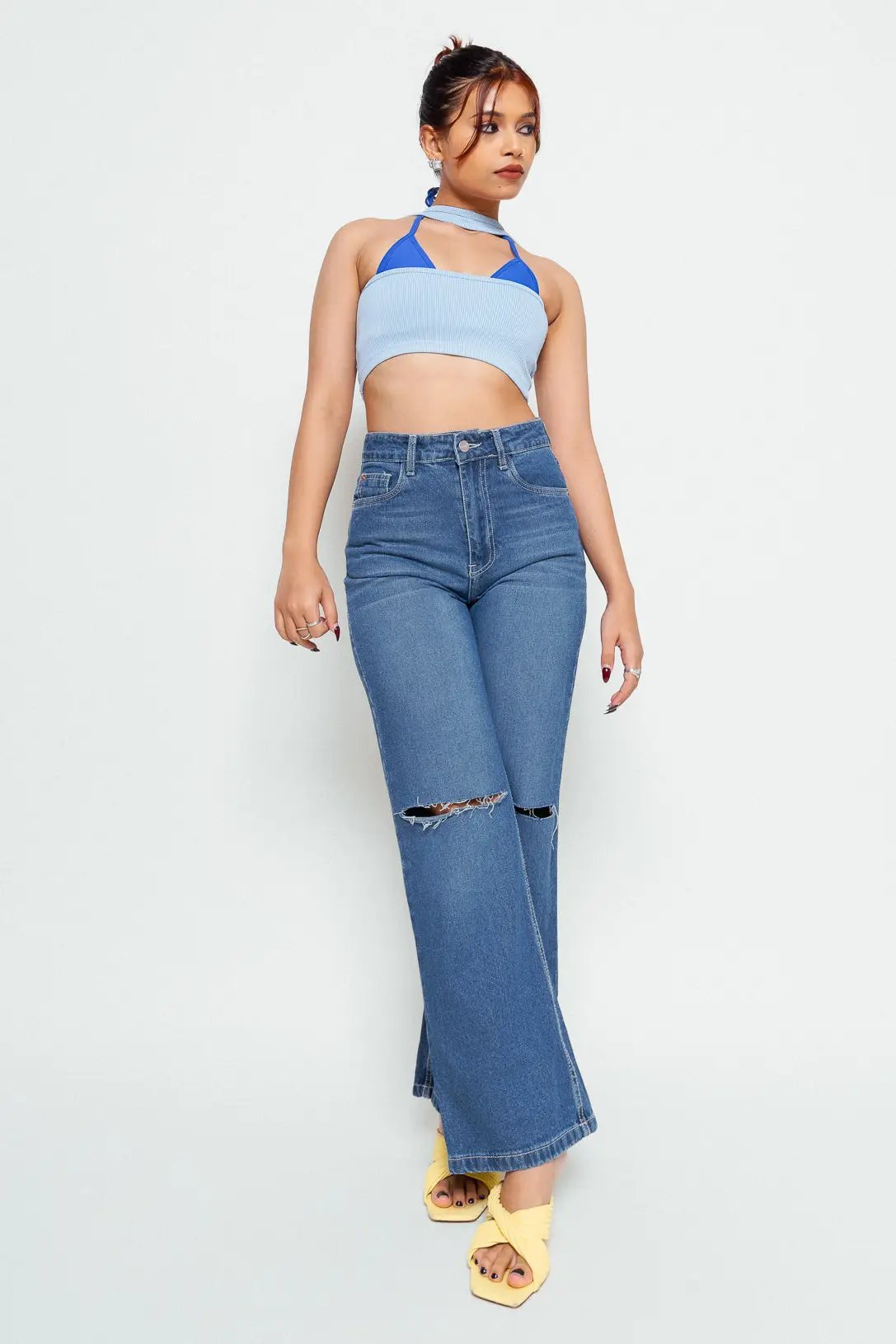 Blue Knee Slit Women's Wide Jeans