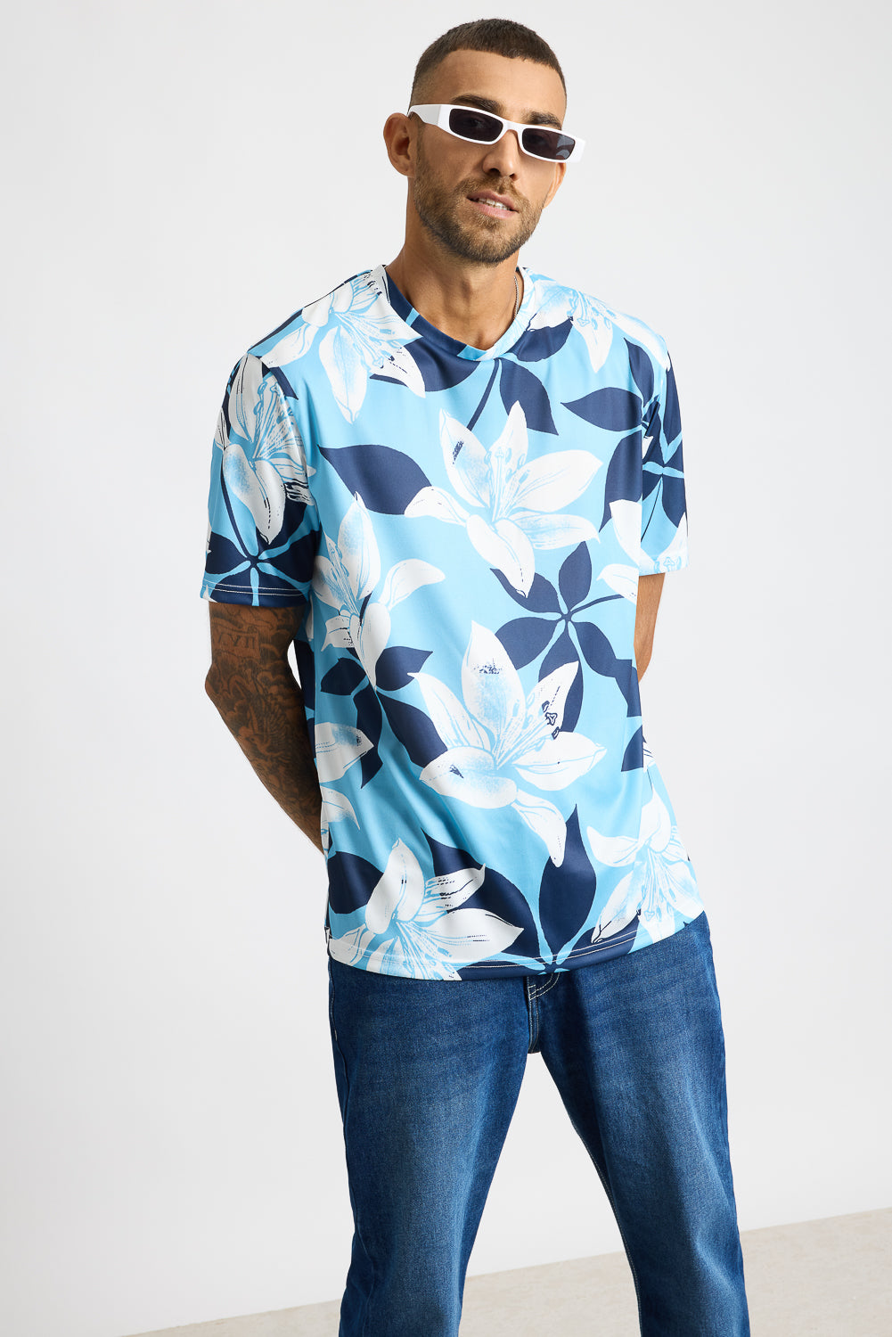 Printed Men's T-Shirt - Blue Flourish