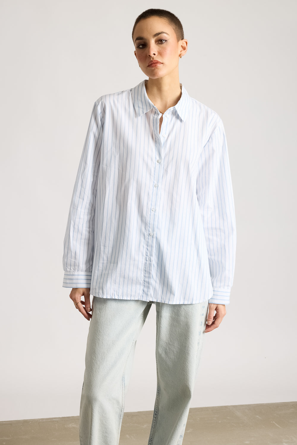 Relaxed Fit Cotton Women's White Shirt with Blue Stripes