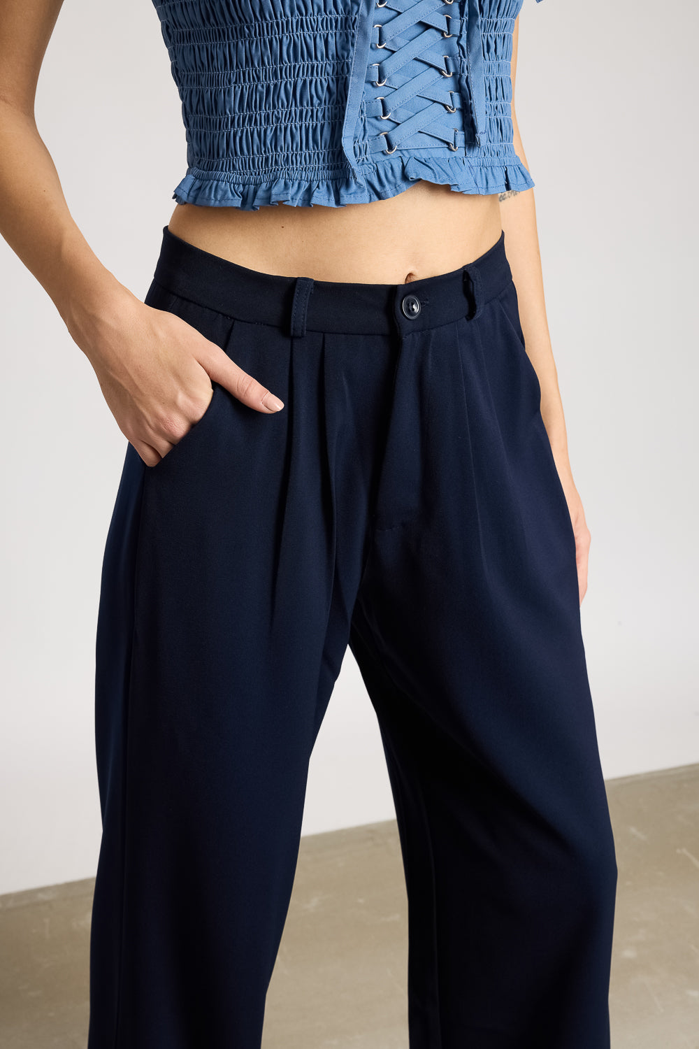 Women's Pleated Navy Blue Korean Pant