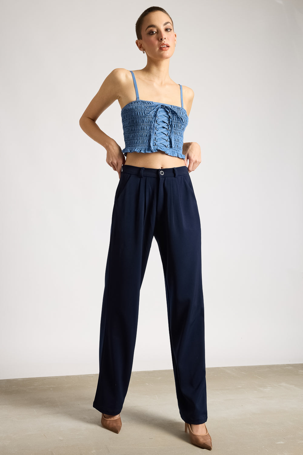 NAVY BLUE PLEATED STRAIGHT FIT KOREAN PANT