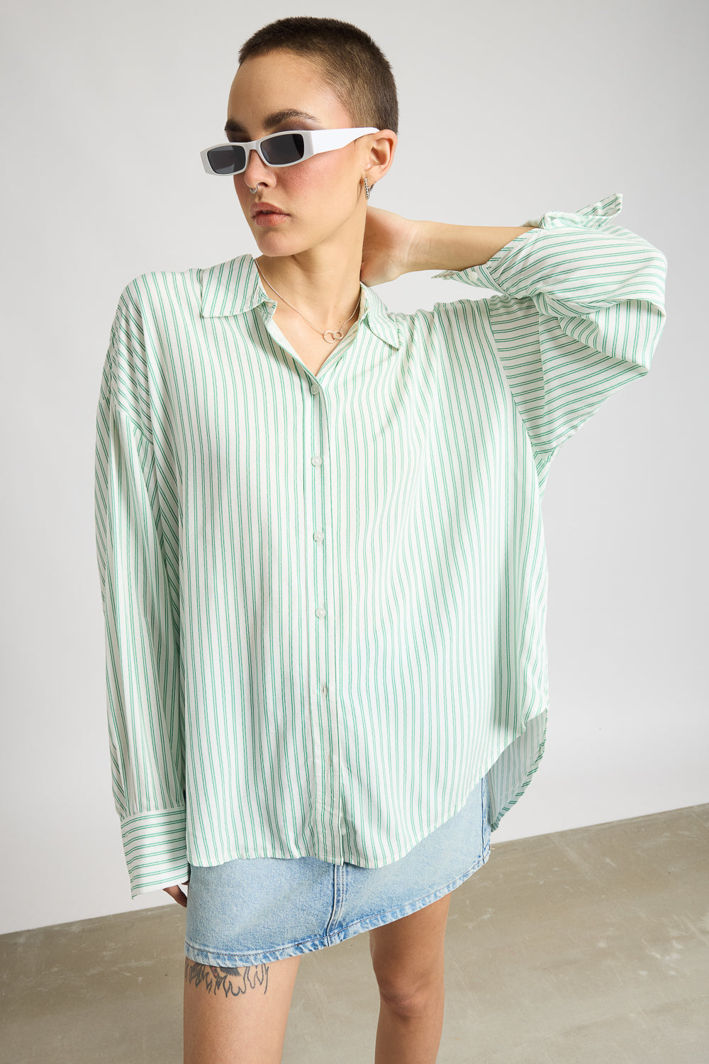 Women's Relaxed Fit Viscose Shirt - Green Stripes