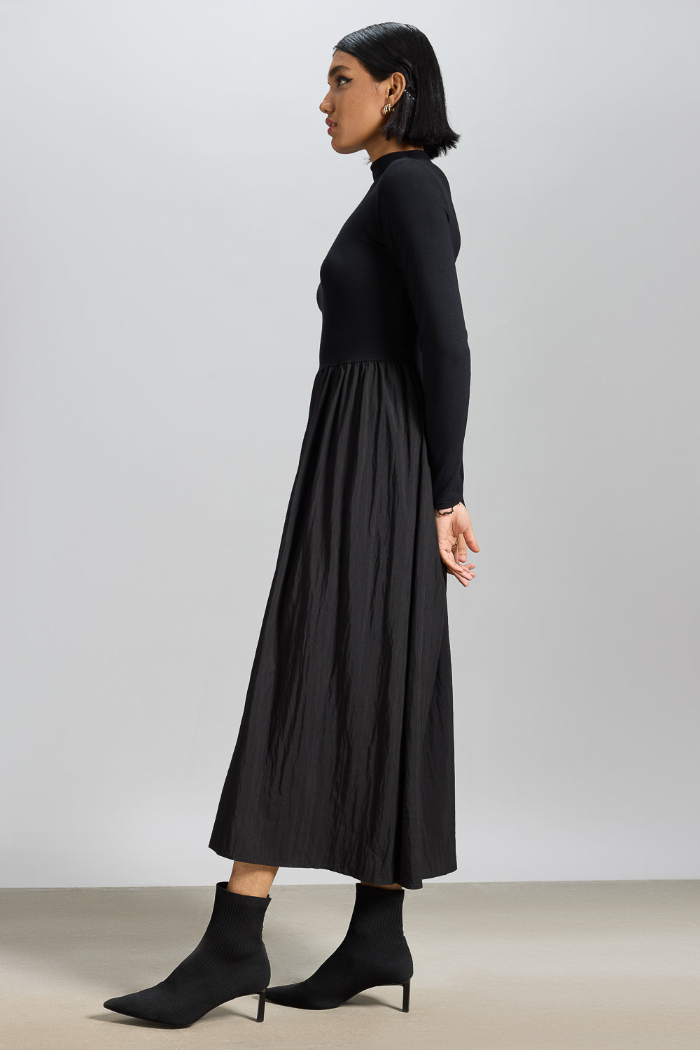 High Neck Black Midi Flared Dress