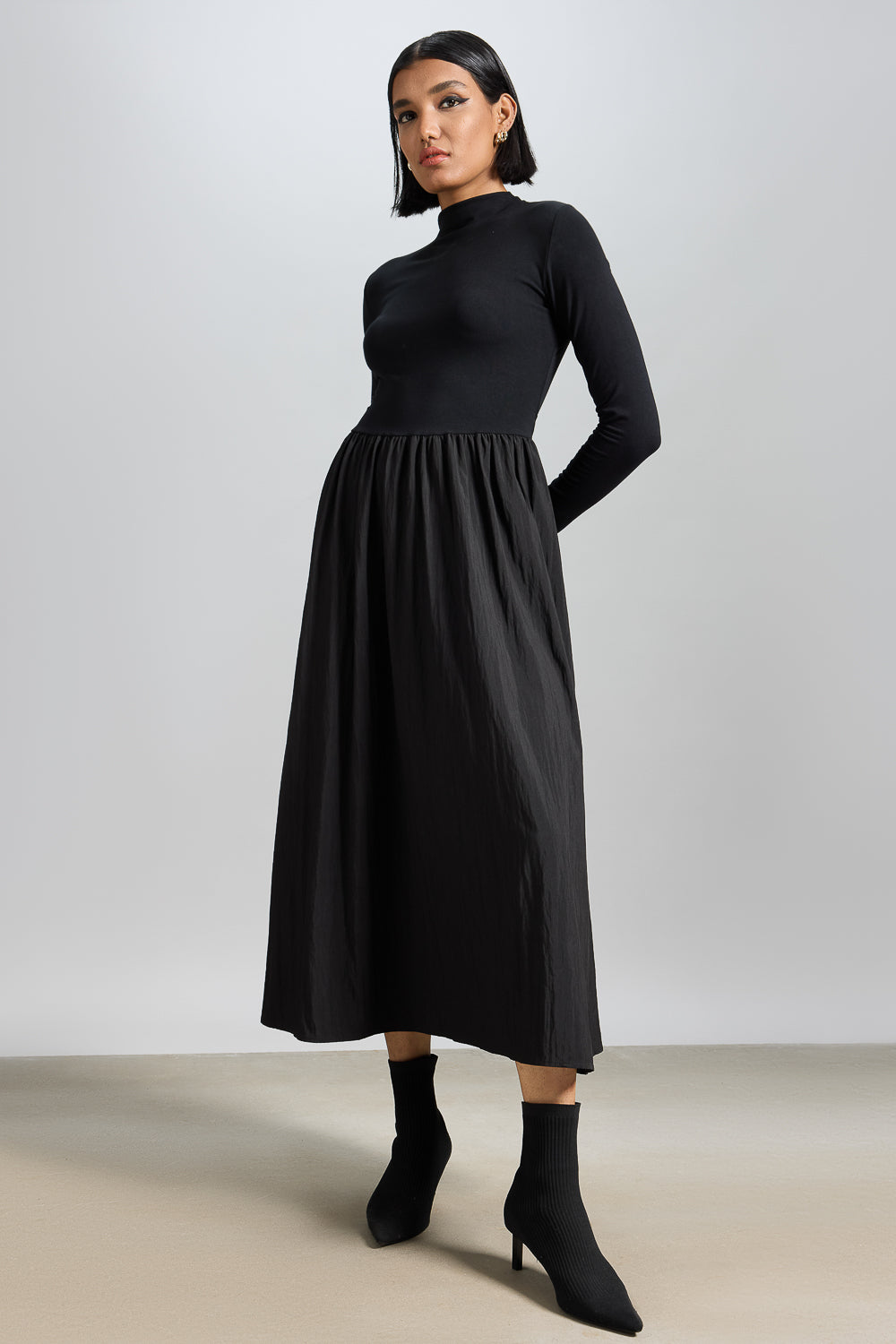 High Neck Black Midi Flared Dress