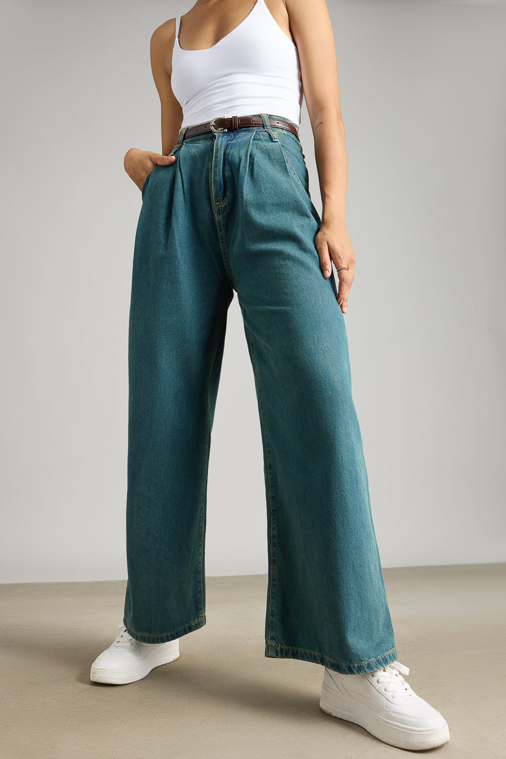 Double belted denim wide leg jeans