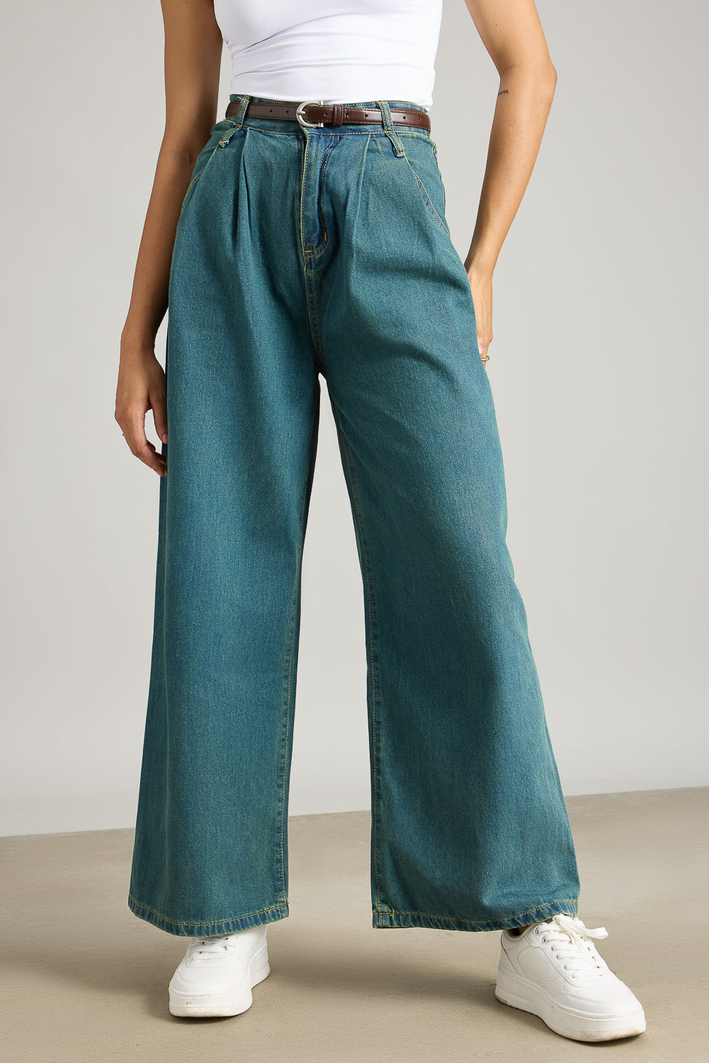 Double Belted Denim Wide Leg Jeans