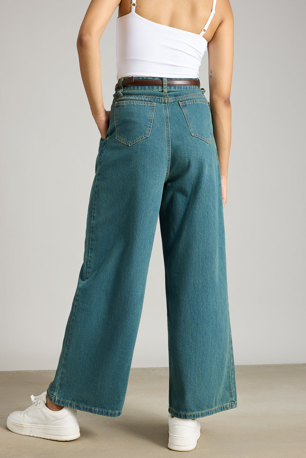 Blue Darted Wide Leg Denim Jeans